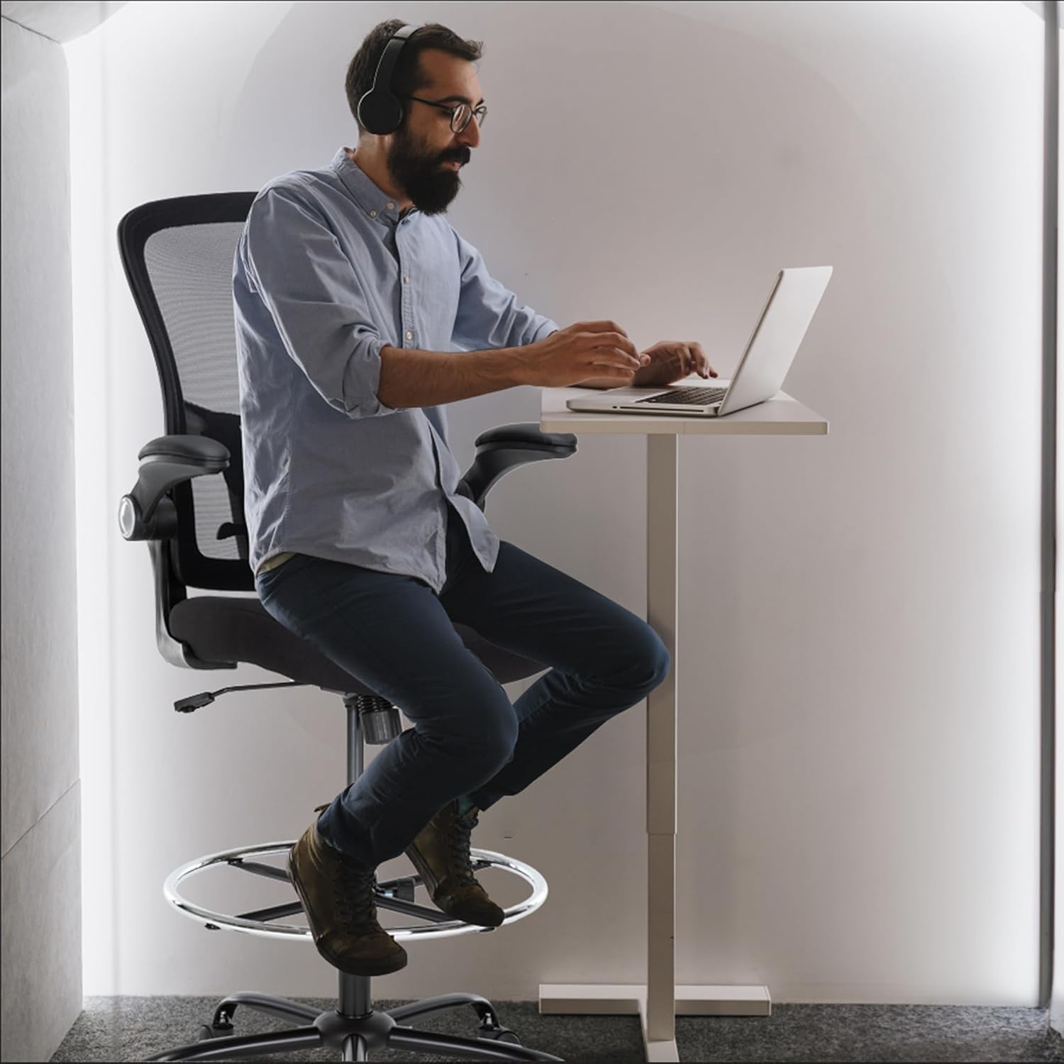 Ergonomic Drafting Chair – Tall Office Chair for Standing Desk, Adjustable Height Mesh Chair with Footrest and Flip-Up Arms, Counter Height, Black