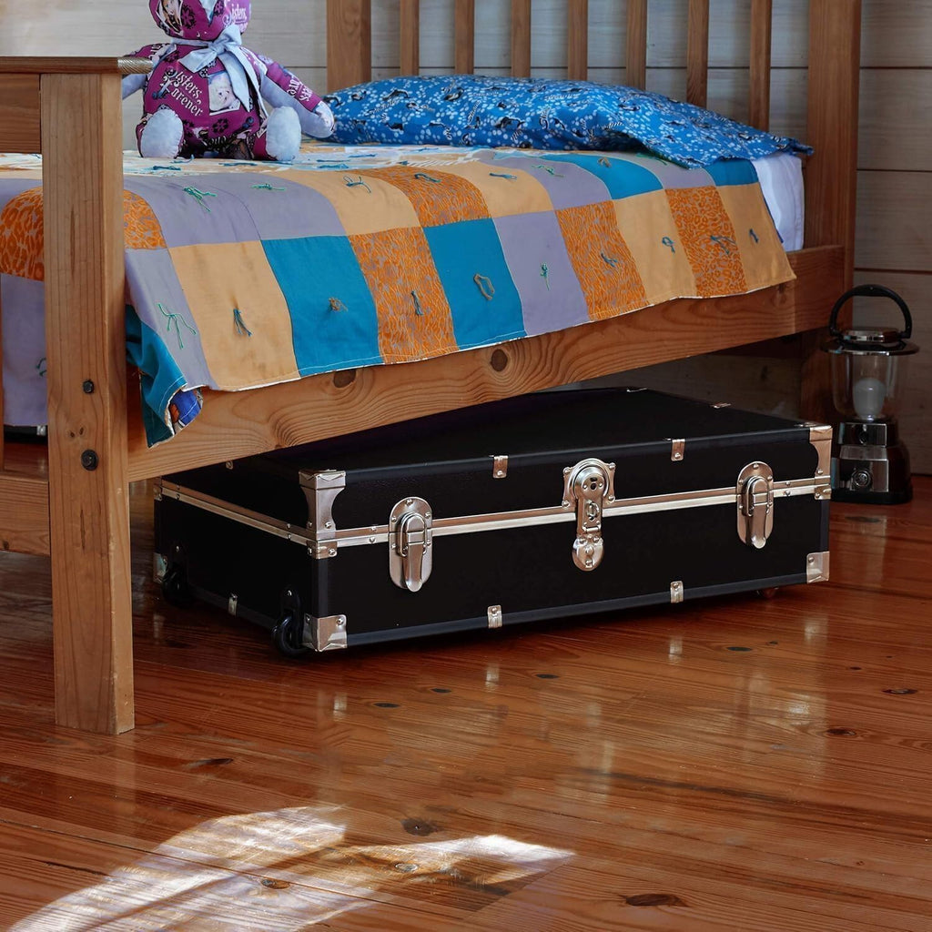 HomeStock Seaside Style Heavy Duty 31" Under Bed College Storage Trunk with Wheels & Lock, Latch Closure Type, 30" L x 8.25" W x 18.25" H, Ideal Camp Dorm Room Trunk Footlocker Antique Black