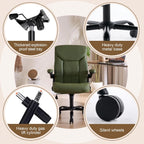 Leather Executive Office Chair - Ergonomic Computer Chair with Flip-up Arms Comfy PU Leather Home Desk Chairs Mid Back Support Adjustable Height Tilt Lock Swivel Rolling Wheels, Green