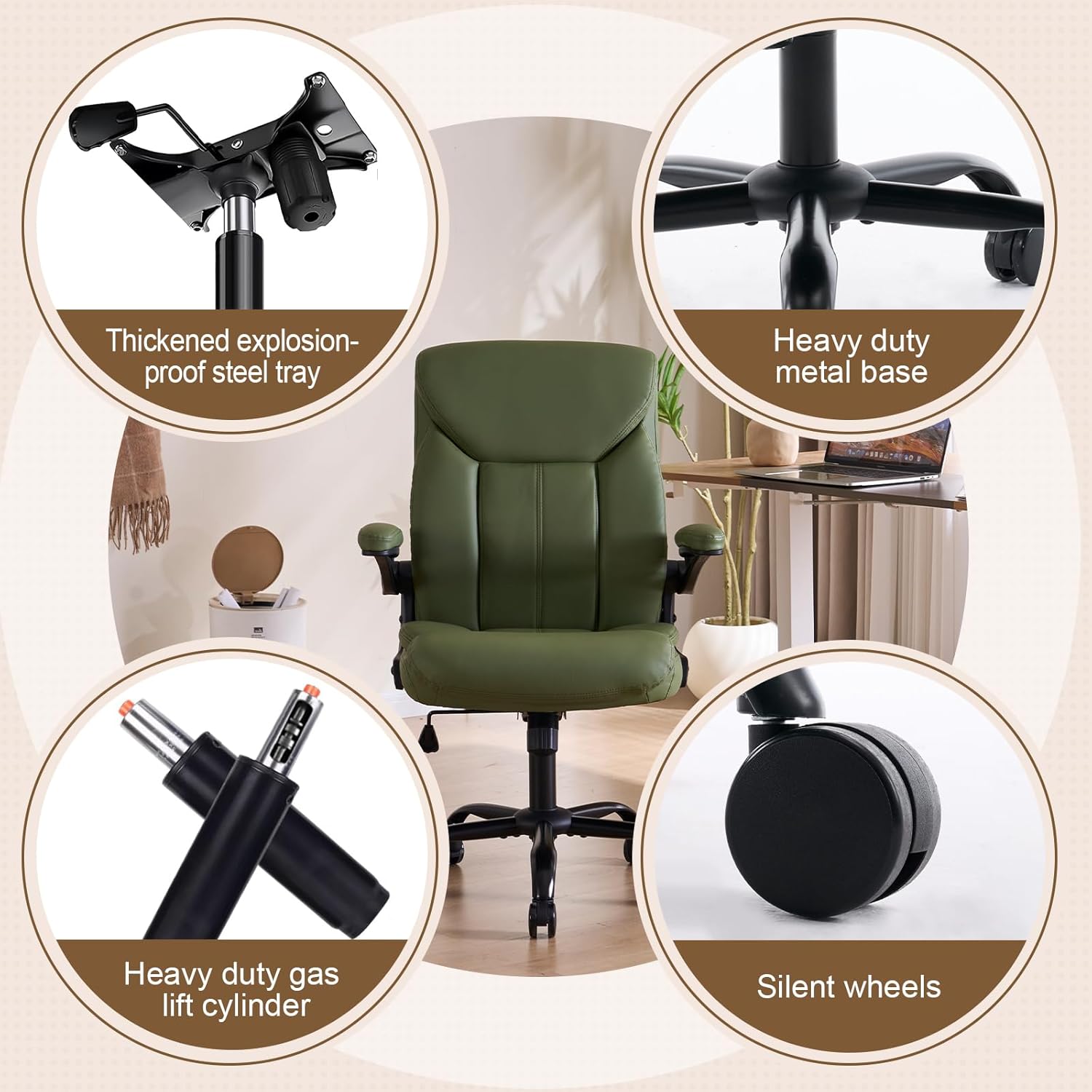 Leather Executive Office Chair - Ergonomic Computer Chair with Flip-up Arms Comfy PU Leather Home Desk Chairs Mid Back Support Adjustable Height Tilt Lock Swivel Rolling Wheels, Green