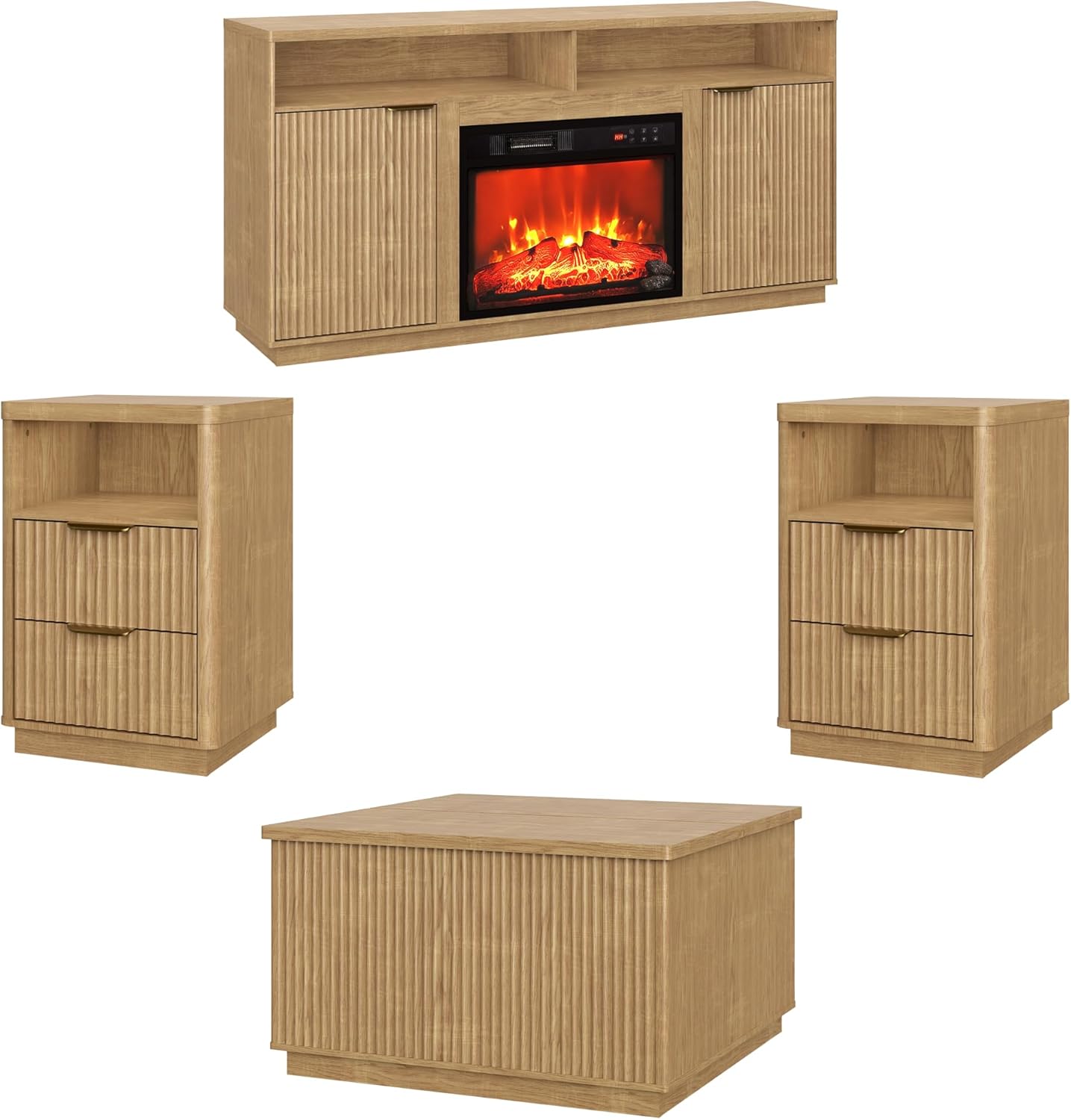 4-Piece Fluted Living Room Set Includes 31.5" Fluted Lift Top Coffee Table,59" Fluted Fireplace TV Stand for TVs Up to 70 inches and 2 Fluted Nightstands with Drawers,Natural Oak
