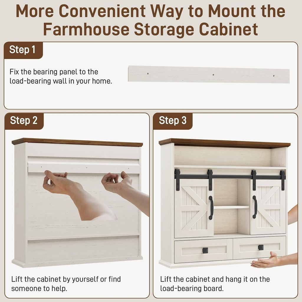 Vabches Bathroom Wall Cabinet, Farmhouse Medicine Cabinet with Sliding Door | Vintage Storage Cabinet Wall Mounted with Storage Drawer and Removable Divider for Bathroom, Kitchen, Rustic White and Brown