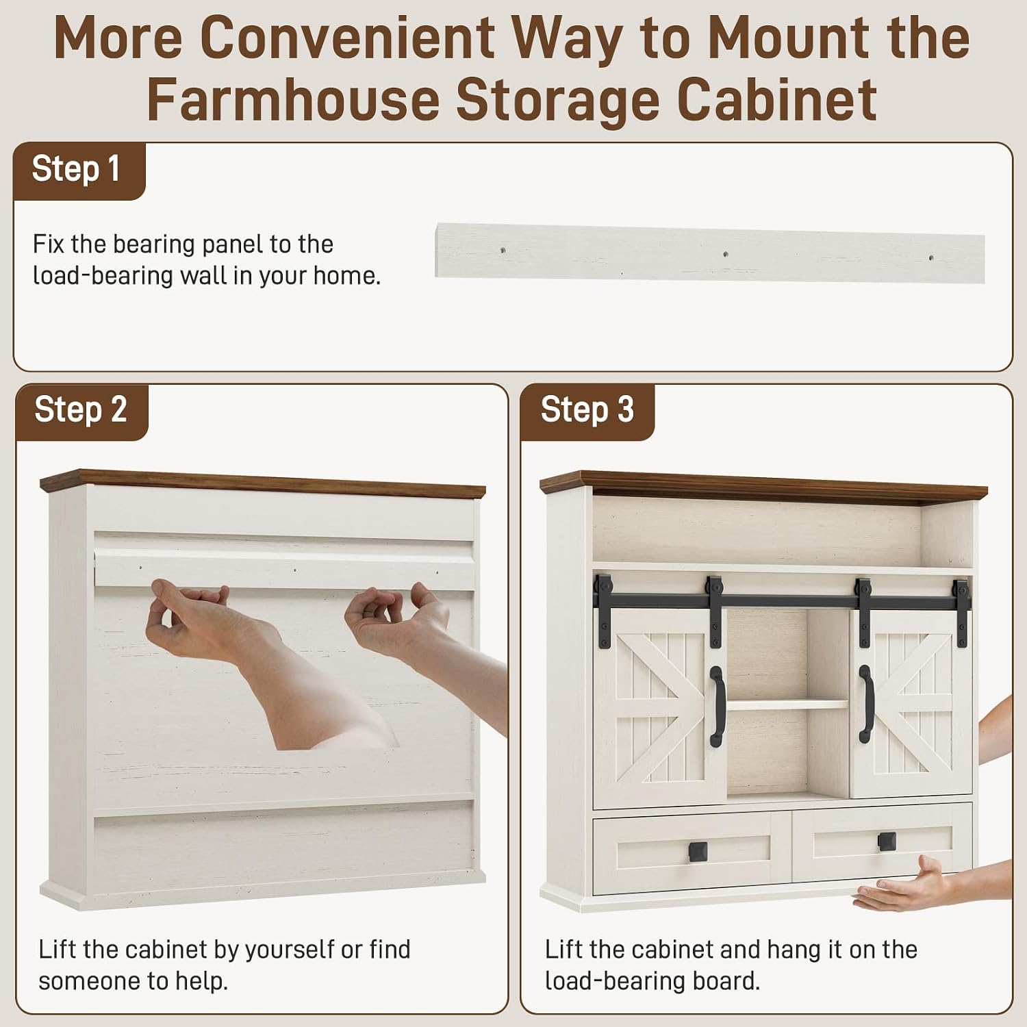 Vabches Bathroom Wall Cabinet, Farmhouse Medicine Cabinet with Sliding Door | Vintage Storage Cabinet Wall Mounted with Storage Drawer and Removable Divider for Bathroom, Kitchen, Rustic White and Brown