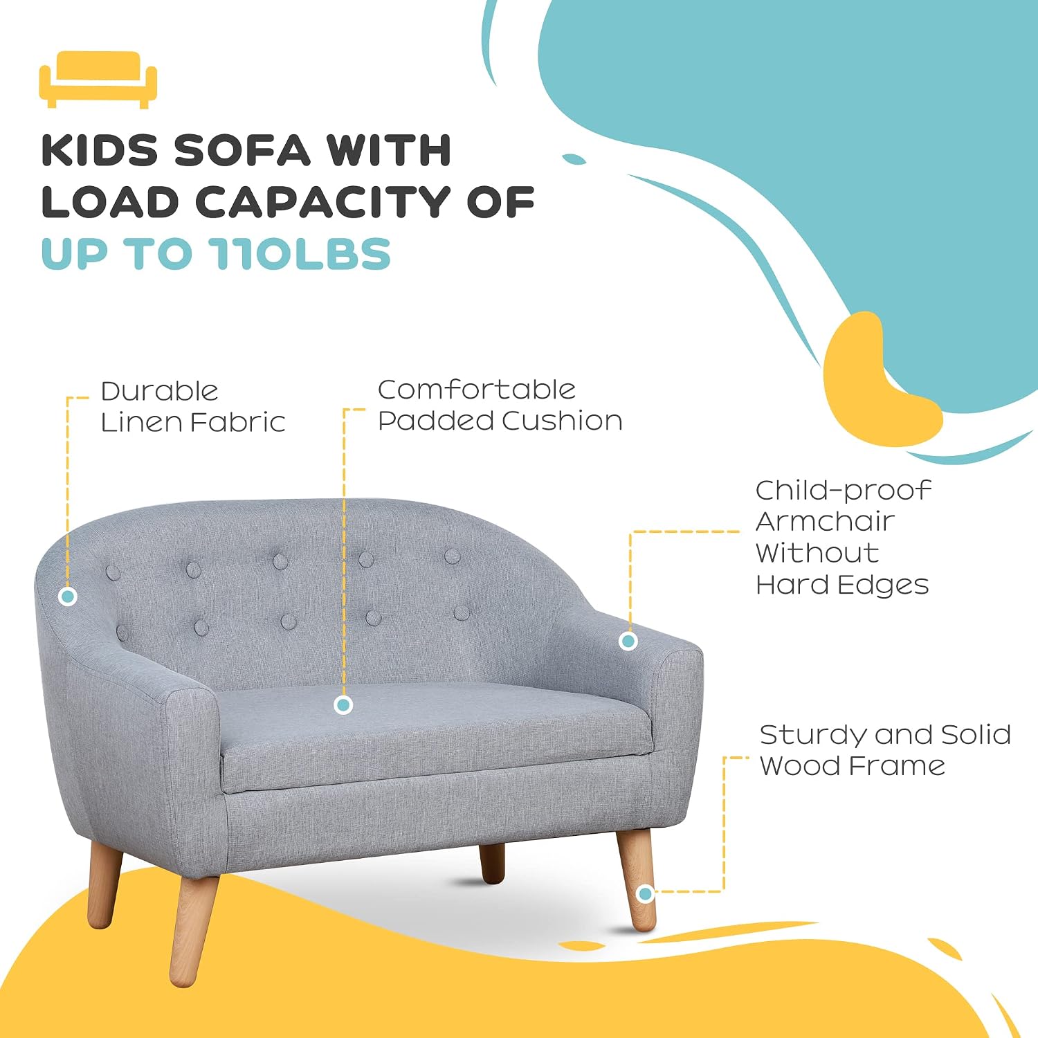 Qaba 2-Seat Kids Sofa, Toddler Sofa Couch, Linen-Like Fabric and Wooden Frame Sofa Chair for Ages 3-7, 11" High Seat, Gray