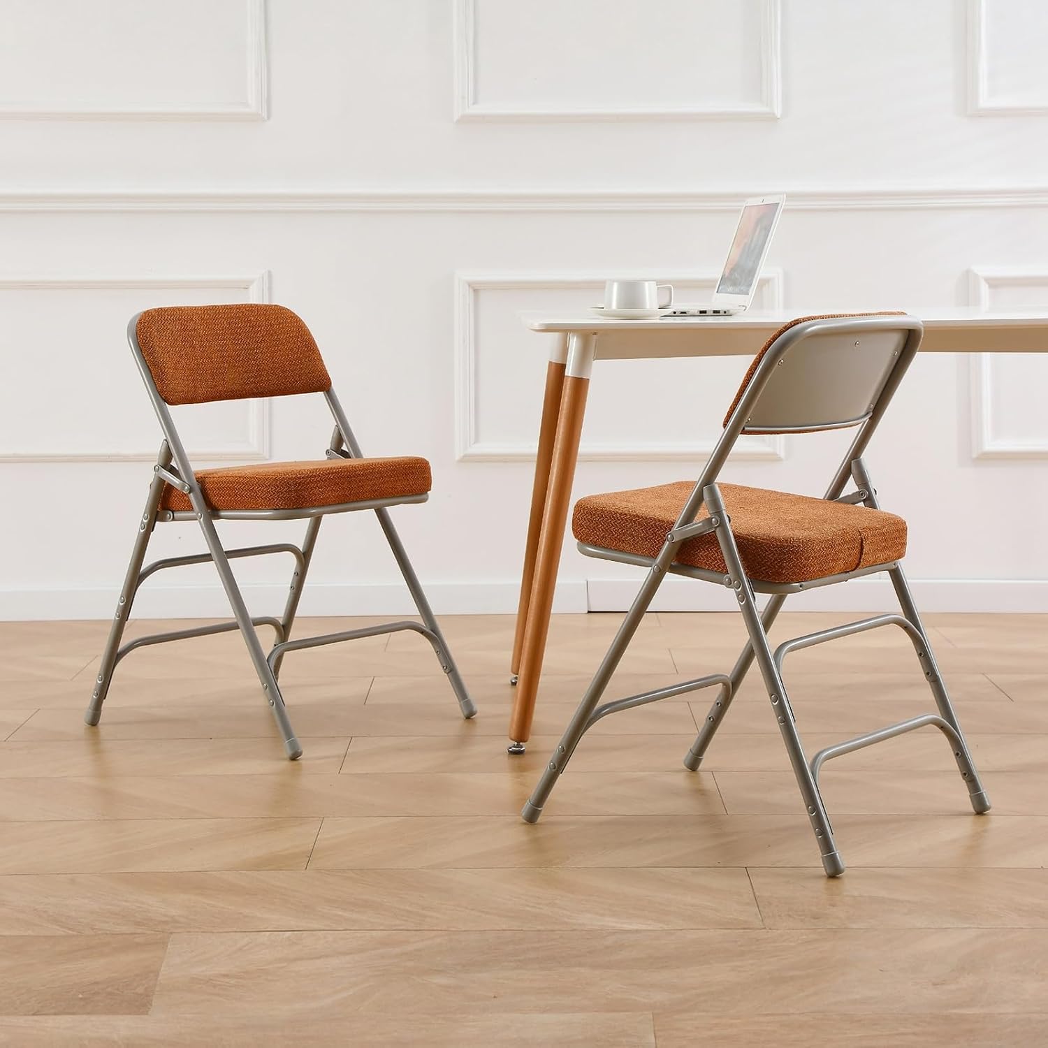 BOOSDEN Thick Padded Folding Chairs, Single Upholstered Foldable Chair, Comfortable Metal Chairs, Folding Chair with Fabric Cushion, Stackable Fold Up Chair for Kitchen Office Wedding Party (Tawny)