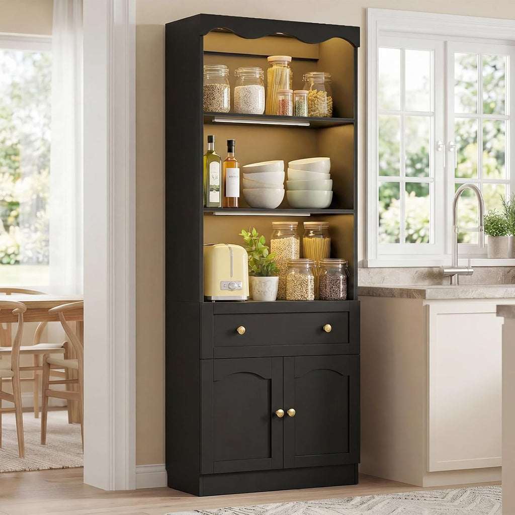 Cyclysio 80" Tall Pantry Cabinet with Motion Sensor LED Lights, Kitchen Storage Cabinet for Coffee Bar and Dining Room, Tall Bookshelf with 3.15" Baseboard Cutout, Drawer and Cupboard, Black