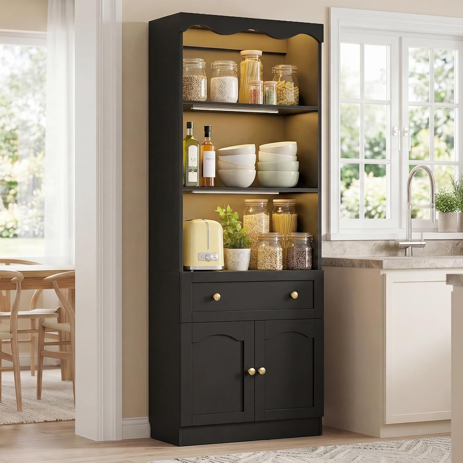 Cyclysio 80" Tall Pantry Cabinet with Motion Sensor LED Lights, Kitchen Storage Cabinet for Coffee Bar and Dining Room, Tall Bookshelf with 3.15" Baseboard Cutout, Drawer and Cupboard, Black