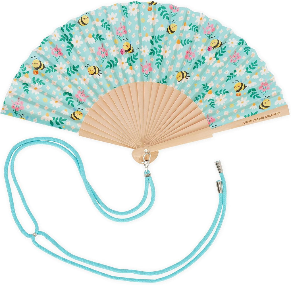 Legami - ¡Que Calor! Folding Fan, Bee Theme, Matching Removable and Adjustable Lanyard, Polyester, Wooden Handle, 3.5 x 23 cm