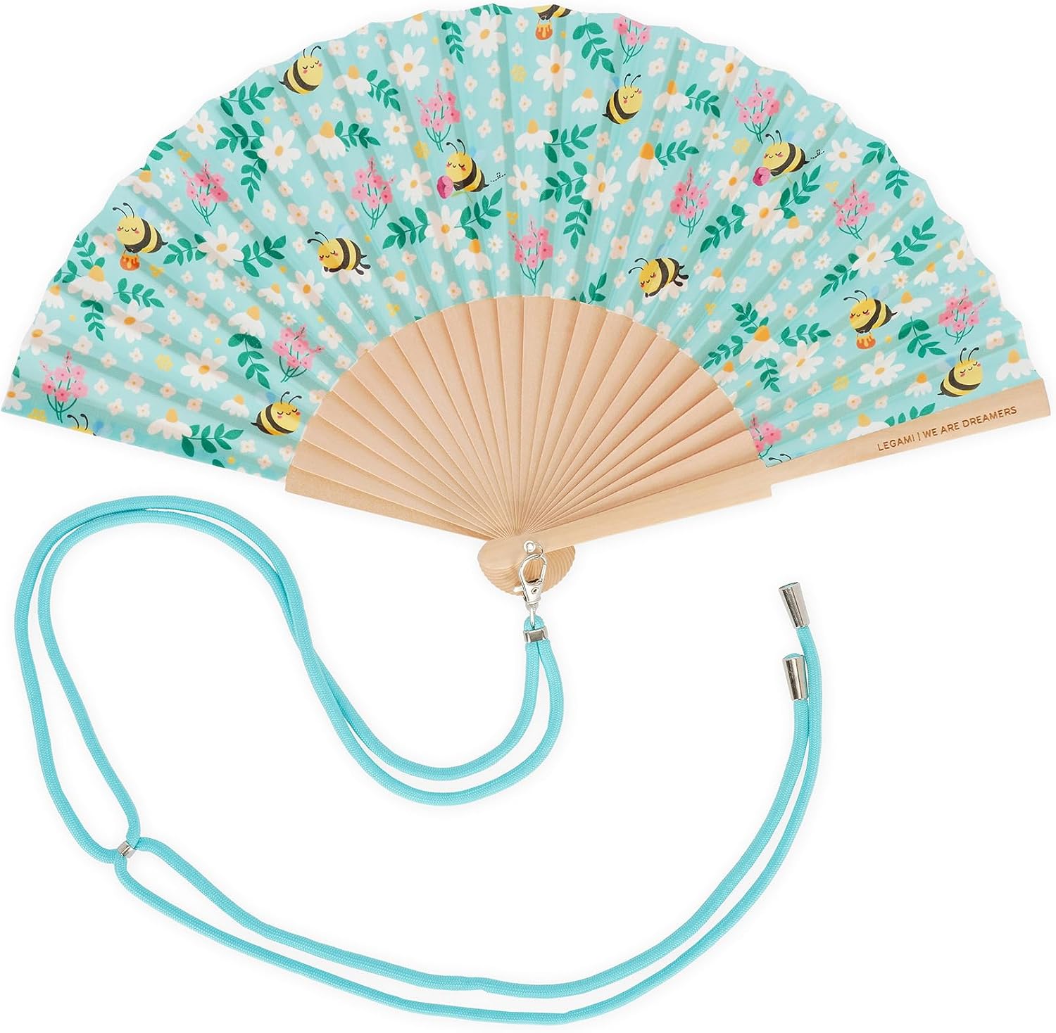 Legami - ¡Que Calor! Folding Fan, Bee Theme, Matching Removable and Adjustable Lanyard, Polyester, Wooden Handle, 3.5 x 23 cm
