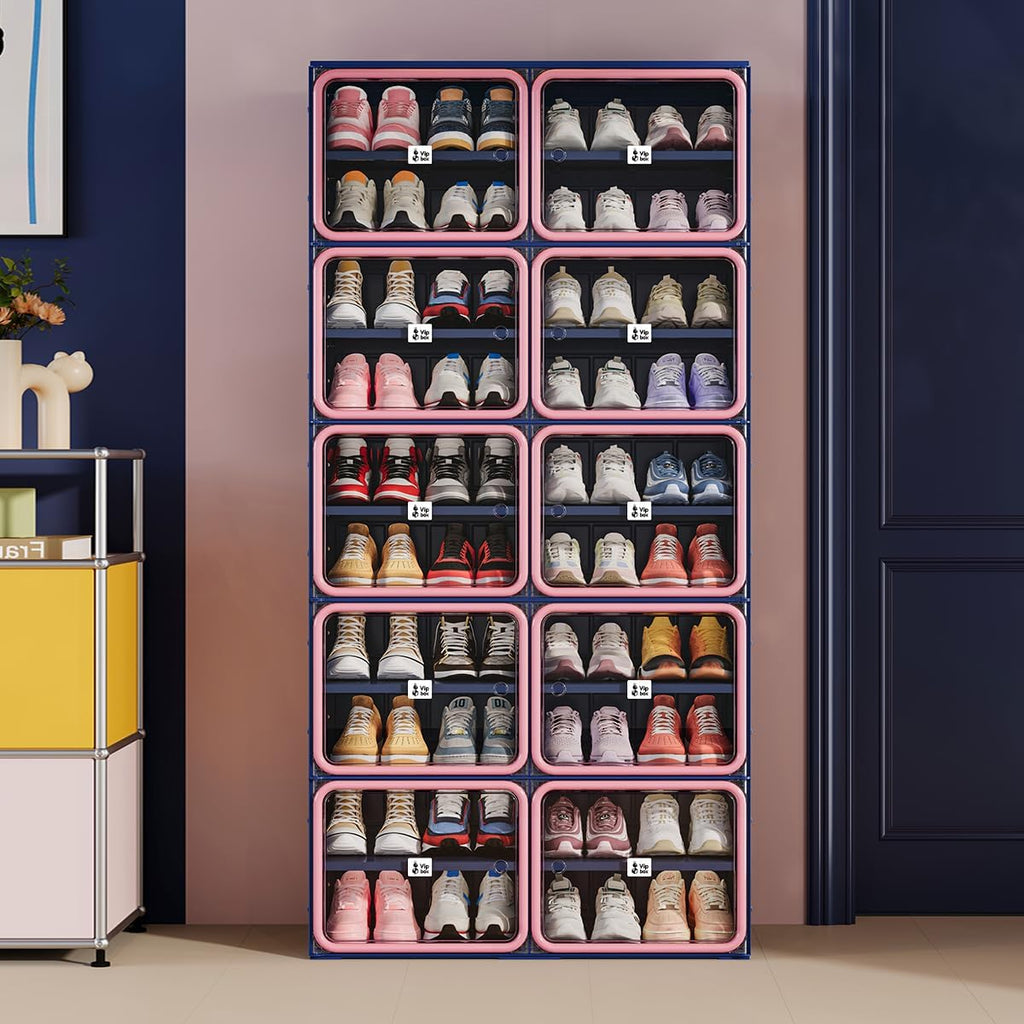 Vipbox Foldable Shoe Rack Organizer with 10-Tier Storage, Easy No-Tool Assembly Shoe Cabinet with Magnetic Clear Doors, Large Capacity 40 Pairs Collapsible Shoe Storage for Entryway, Bedroom， Hot Pink
