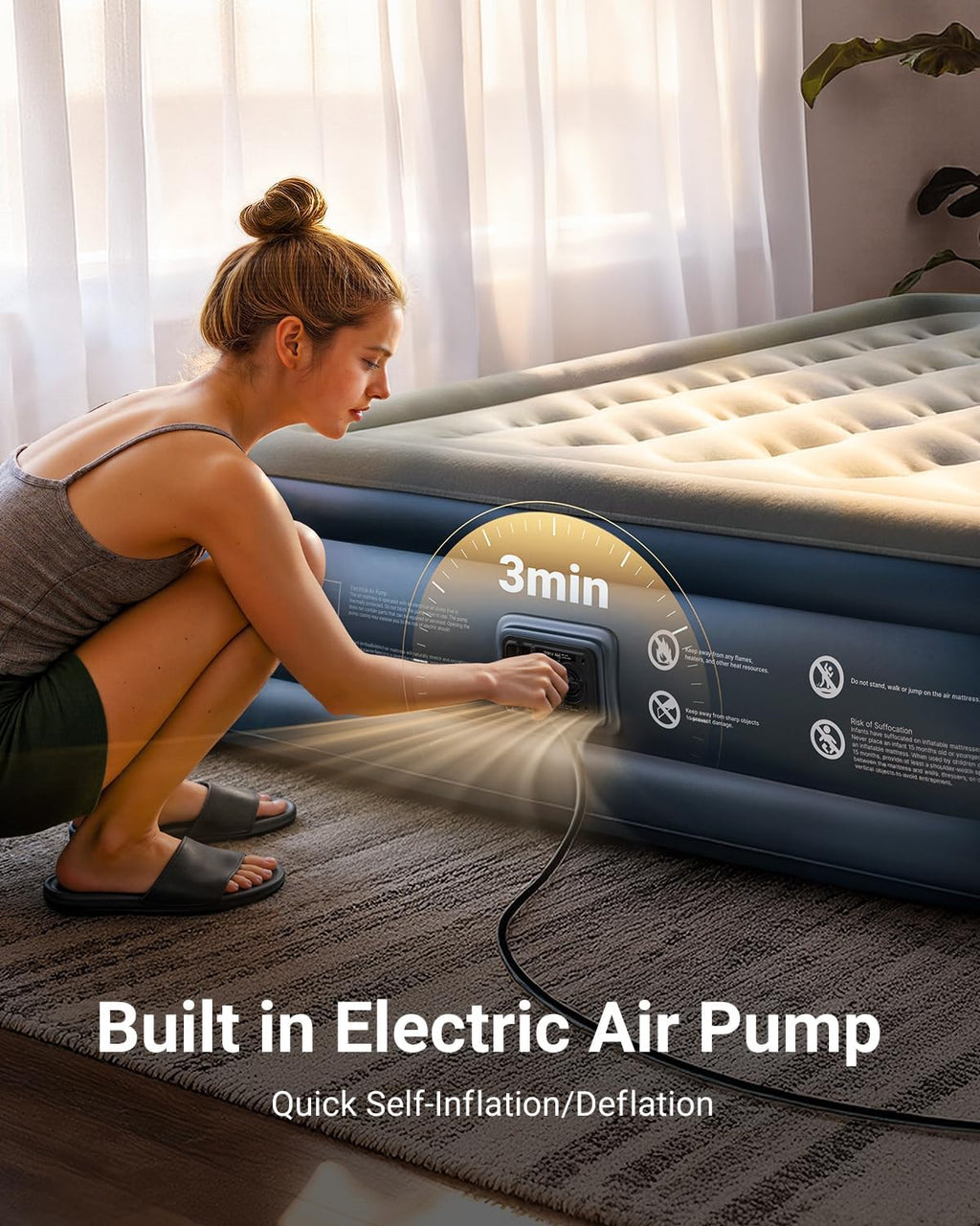 iDOO Queen Air Mattress with Built in Pump, 18 Raised Comfort Inflatable Blow up Mattress, Upgraded Support Structure Portable Air Bed for Camping, Guests and Home, Colchon Inflable, 650lbs Max