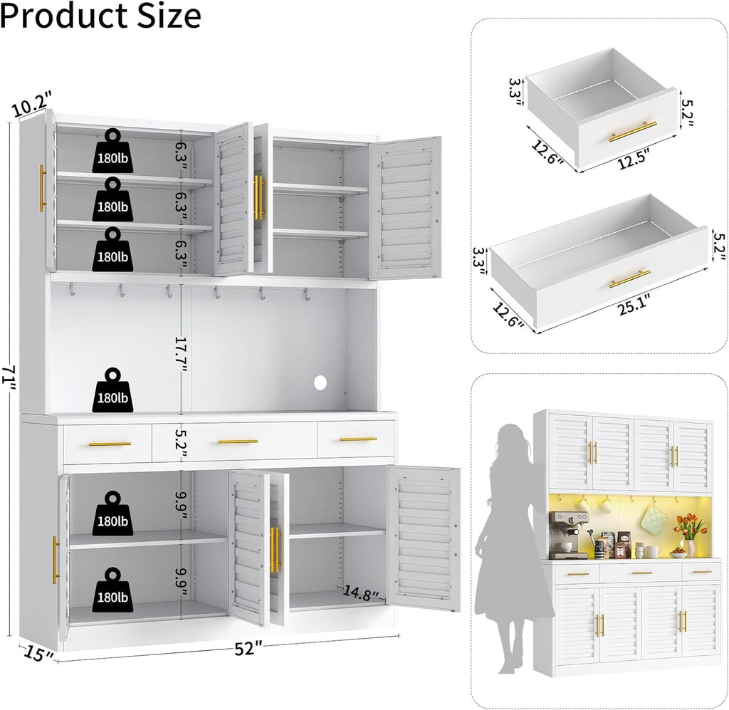 52" Wide Kitchen Pantry Cabinet with 6 Adjustable Shelves, 71" Tall Large Capacity Kitchen Hutch Storage Cabinet with Microwave Stand, 3 Storage Drawers for Dining Room, Kitchen, White