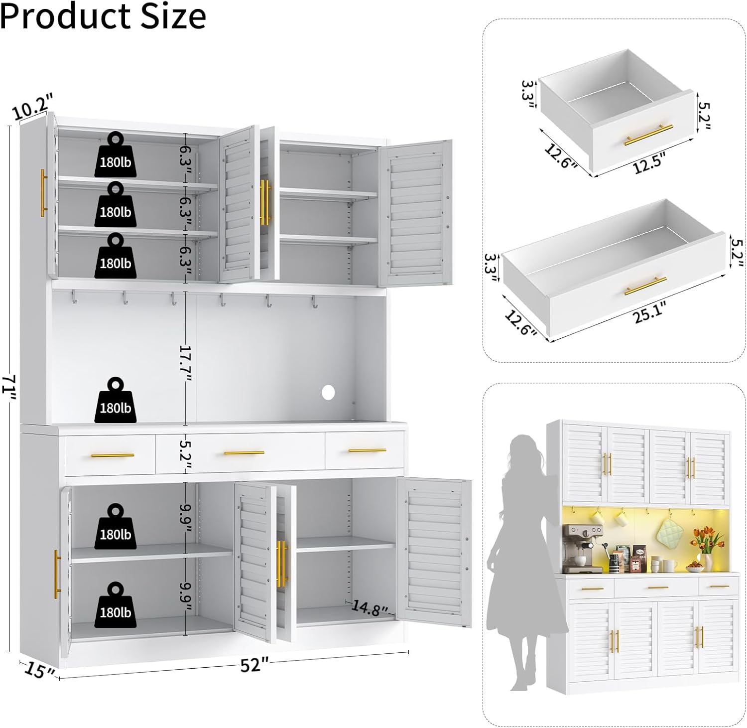 52" Wide Kitchen Pantry Cabinet with 6 Adjustable Shelves, 71" Tall Large Capacity Kitchen Hutch Storage Cabinet with Microwave Stand, 3 Storage Drawers for Dining Room, Kitchen, White