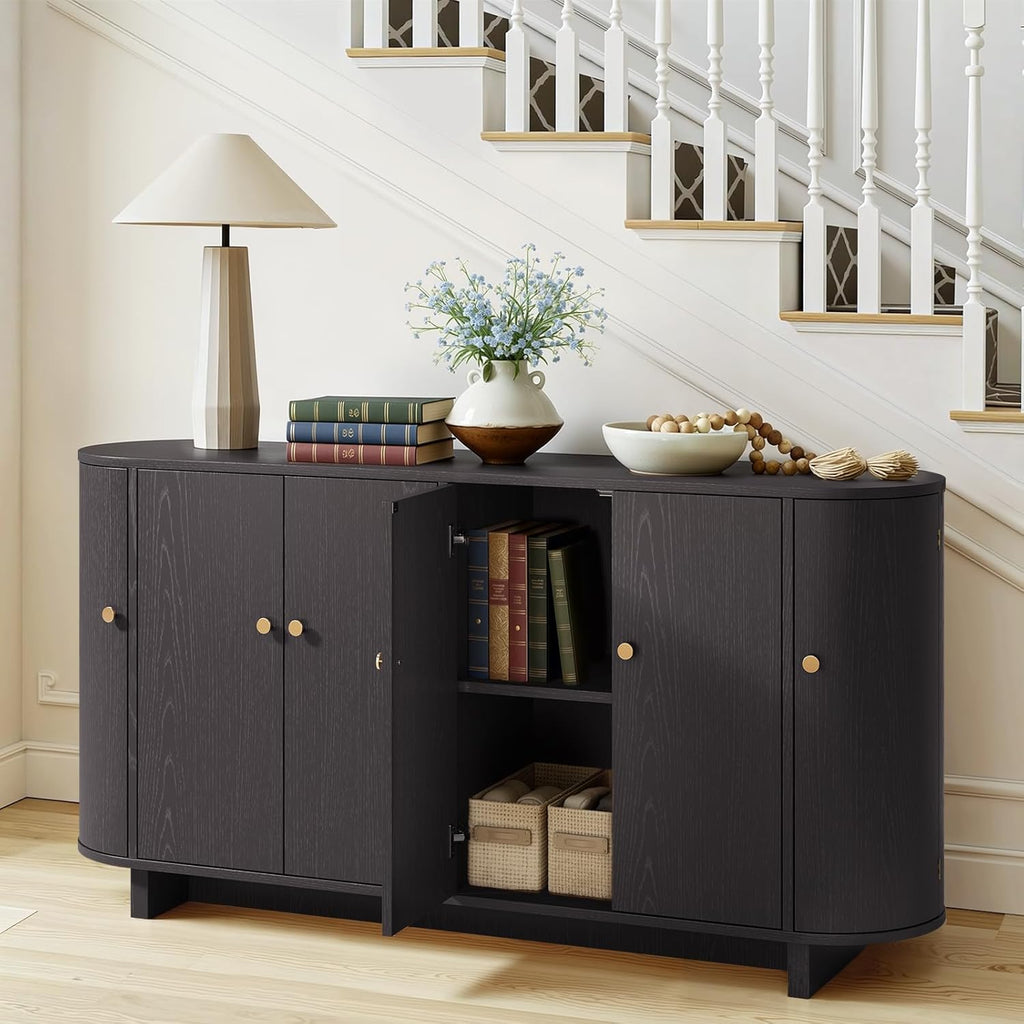 ONBRILL 63 Inch Sideboard Buffet Cabinet, Modern Oval Cabinets with Doors, Large Buffet Cabinets with Storage, Console Credenza w/Adjustable Shelves for Living Room, Kitchen, Entryway, Black
