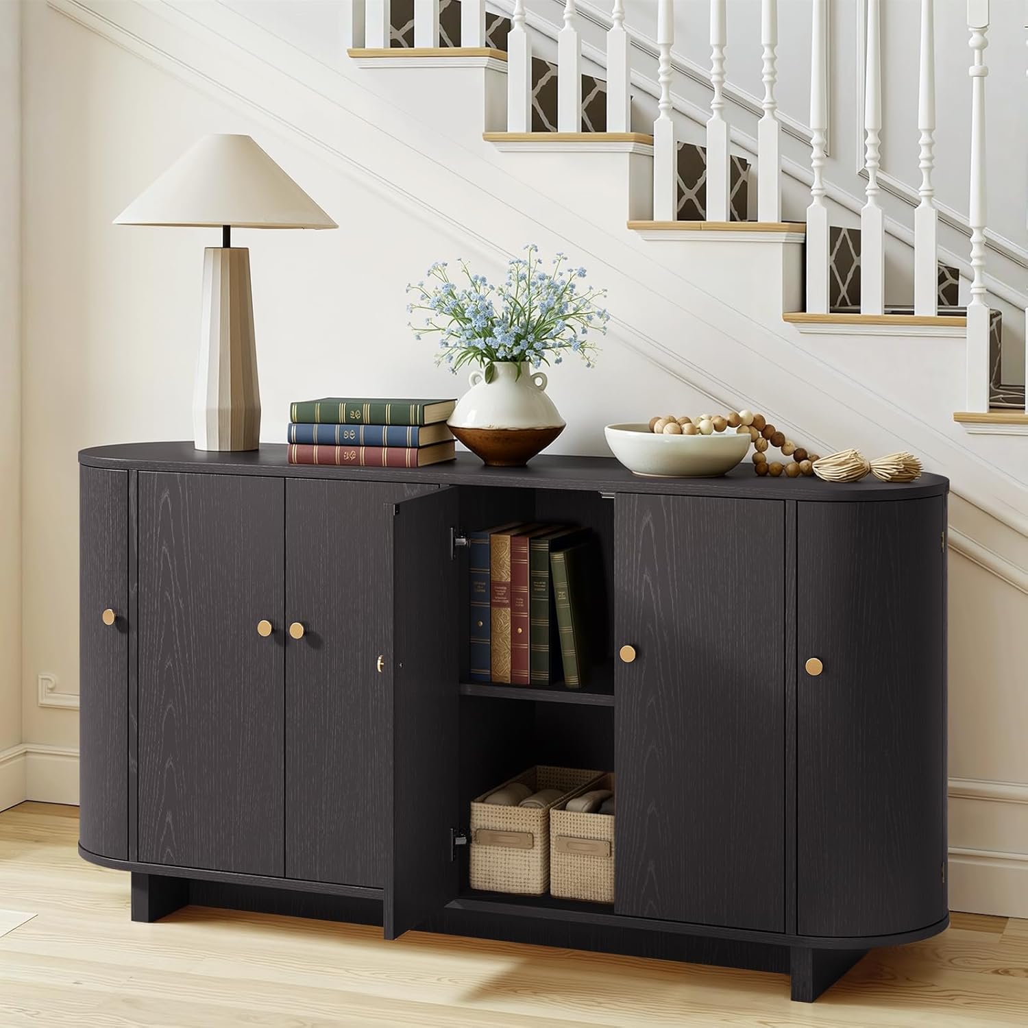 ONBRILL 63 Inch Sideboard Buffet Cabinet, Modern Oval Cabinets with Doors, Large Buffet Cabinets with Storage, Console Credenza w/Adjustable Shelves for Living Room, Kitchen, Entryway, Black