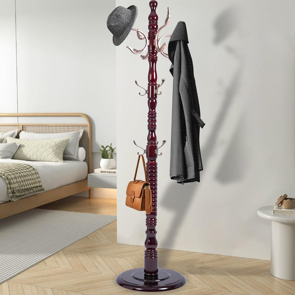 73'' Vintage Coat Racks Freestanding with 20 Metal Hooks, Solid Wood Coat Rack Hanger Stand with 3 Adjustable Size, Heavy Duty Coat Rack Tree for Entryway, Bedroom, Hallway, Office, Apartment