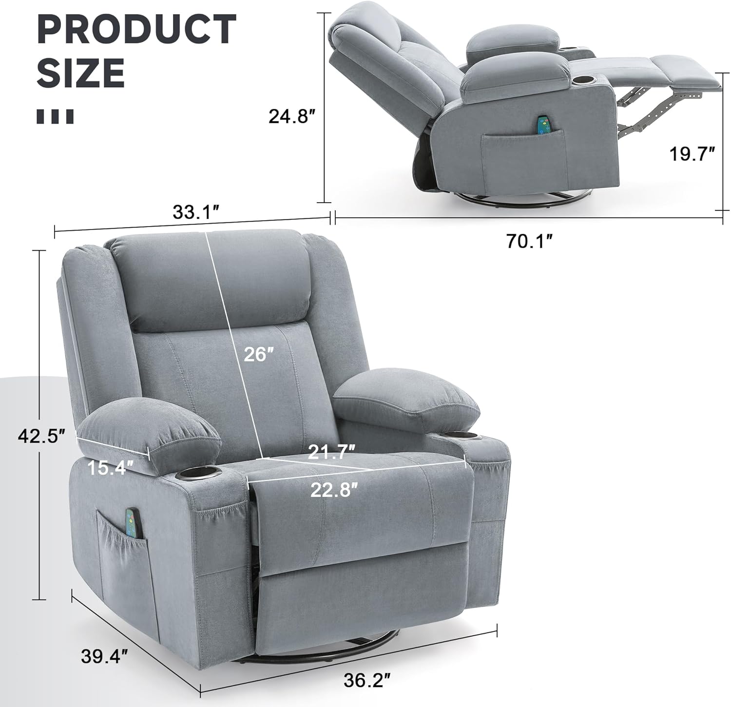 Swivel Rocker Recliner Chair with Heat and 8-Point Massage, Extra Wide Manual Lounge Sofa for Adults, Overstuffed Living Room Chair with 2 Cup Holders 4 Pockets & Remote (-Grey)