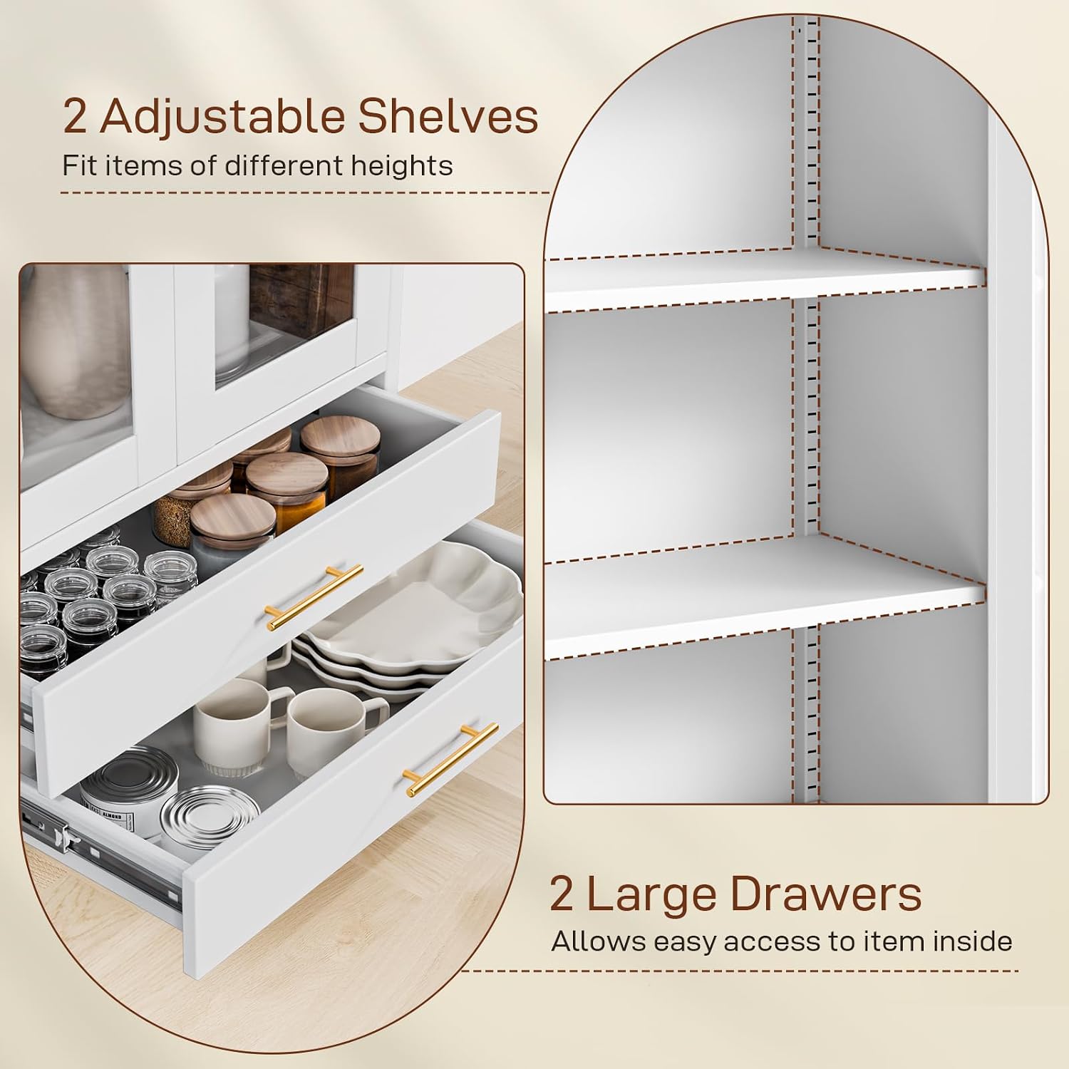 Holiwei Metal Storage Cabinet, 73" Arched Kitchen Pantry Organizer with 2 Drawers & 2 Adjustable Shelves, Freestanding Display Cabinet for Living Room