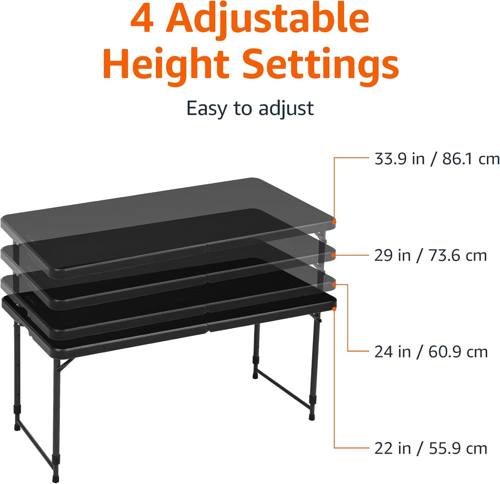 Amazon Basics Portable 4 Ft Rectangular Folding Dining Table, 4 Adjustable Height Settings, Space Saving Fold-in-Half Design and Carrying Handle, Indoor & Outdoor, Washed Black, 47.8 x 23.9 x 33.9 in
