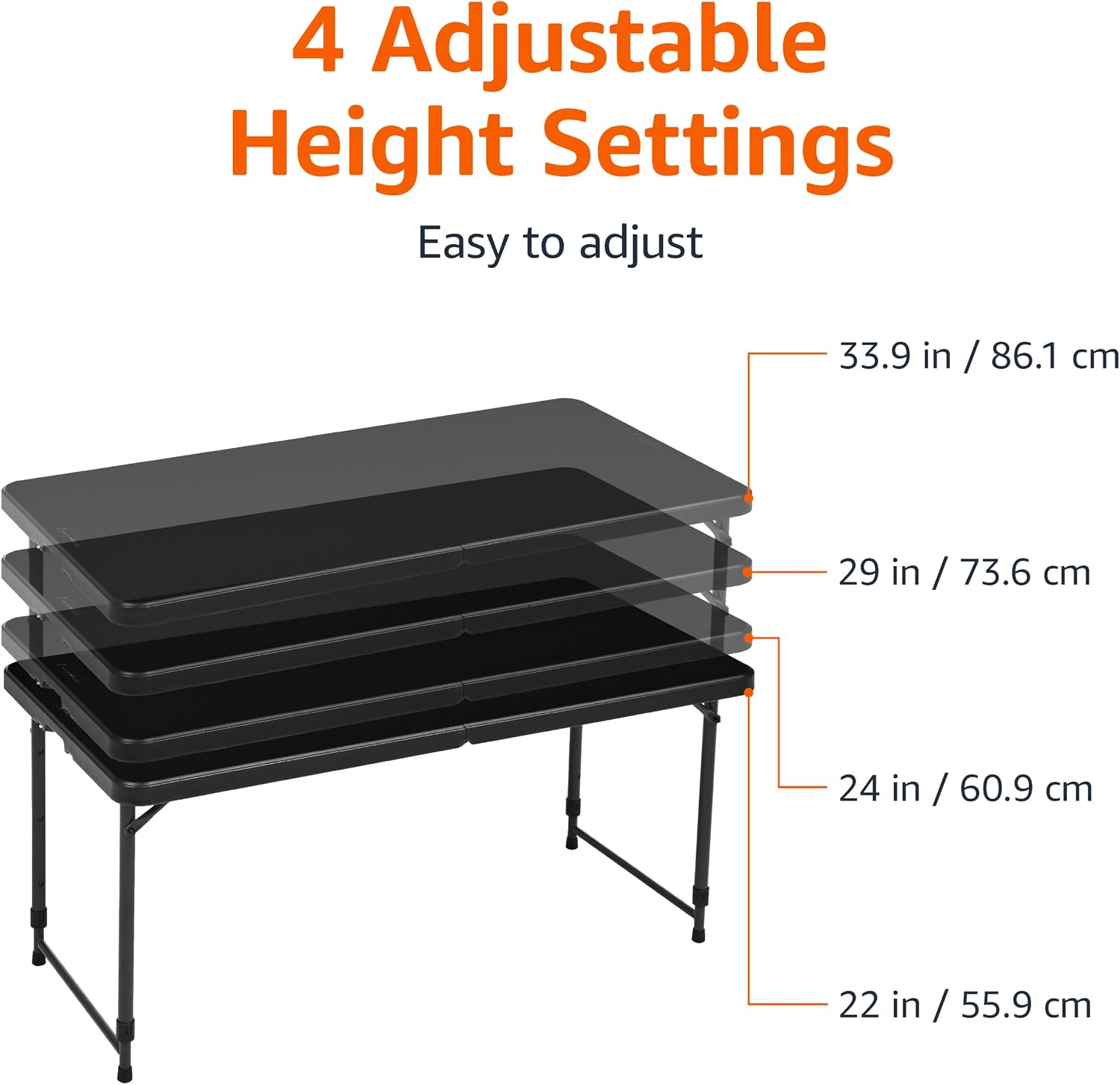 Amazon Basics Portable 4 Ft Rectangular Folding Dining Table, 4 Adjustable Height Settings, Space Saving Fold-in-Half Design and Carrying Handle, Indoor & Outdoor, Washed Black, 47.8 x 23.9 x 33.9 in