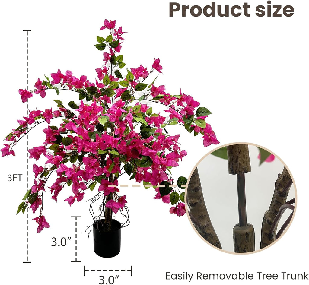 3FT Artificial Bougainvillea Tree – Realistic Faux Bougainvillea Tree with Pink Silk Flowers, Lifelike Artificial Flowering Plant in Pot for Indoor Outdoor Home, Living Room, Porch, Patio Decor