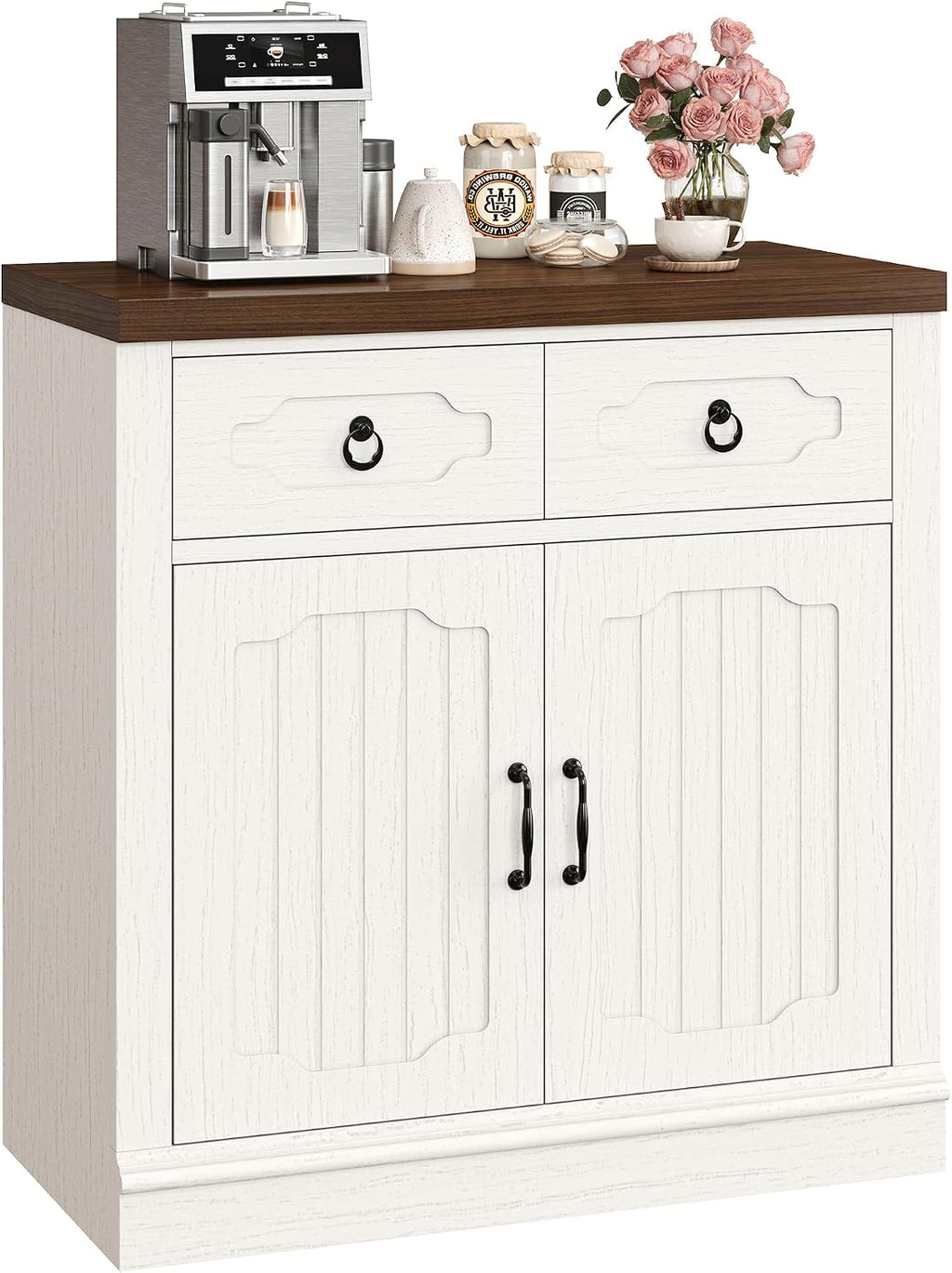 LIKIMIO Buffet Cabinet with 2 Drawers, 32" Sideboard Buffet Storage Cabinet with Doors and Shelves, Farmhouse Coffee Bar Station Kitchen Cabinet for Dining Room, Living Room, Entryway, White