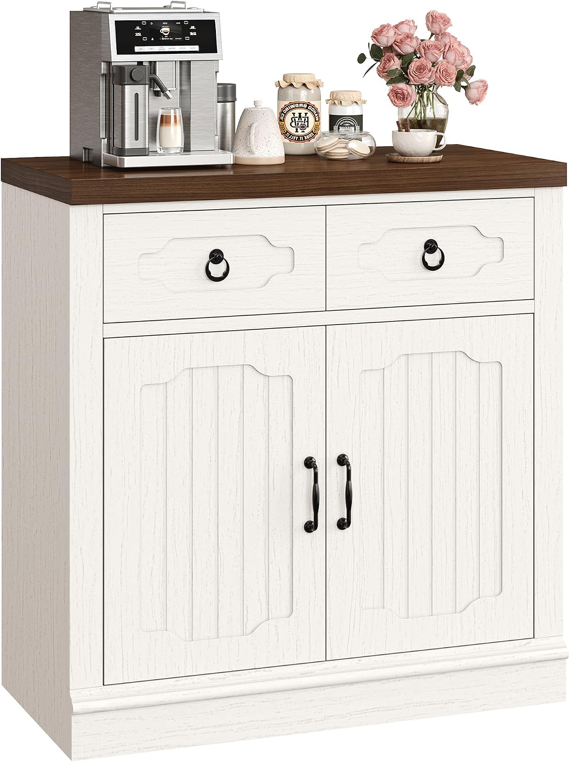 LIKIMIO Buffet Cabinet with 2 Drawers, 32" Sideboard Buffet Storage Cabinet with Doors and Shelves, Farmhouse Coffee Bar Station Kitchen Cabinet for Dining Room, Living Room, Entryway, White