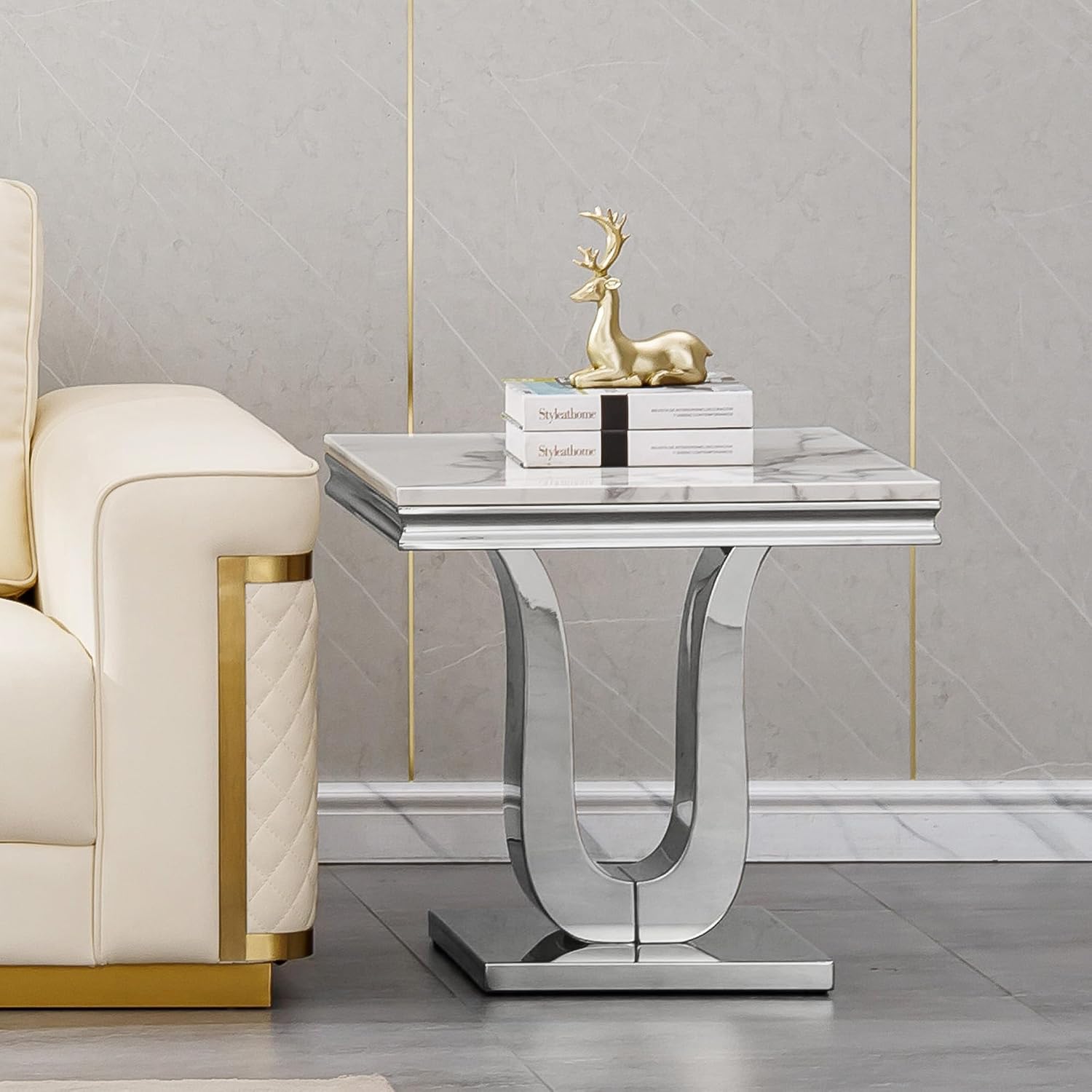 Faux Marble End Table, Modern Rectangular Conner Table with Faux Marble Top U Shape Stainless Steel Base for Bedroom Home Office