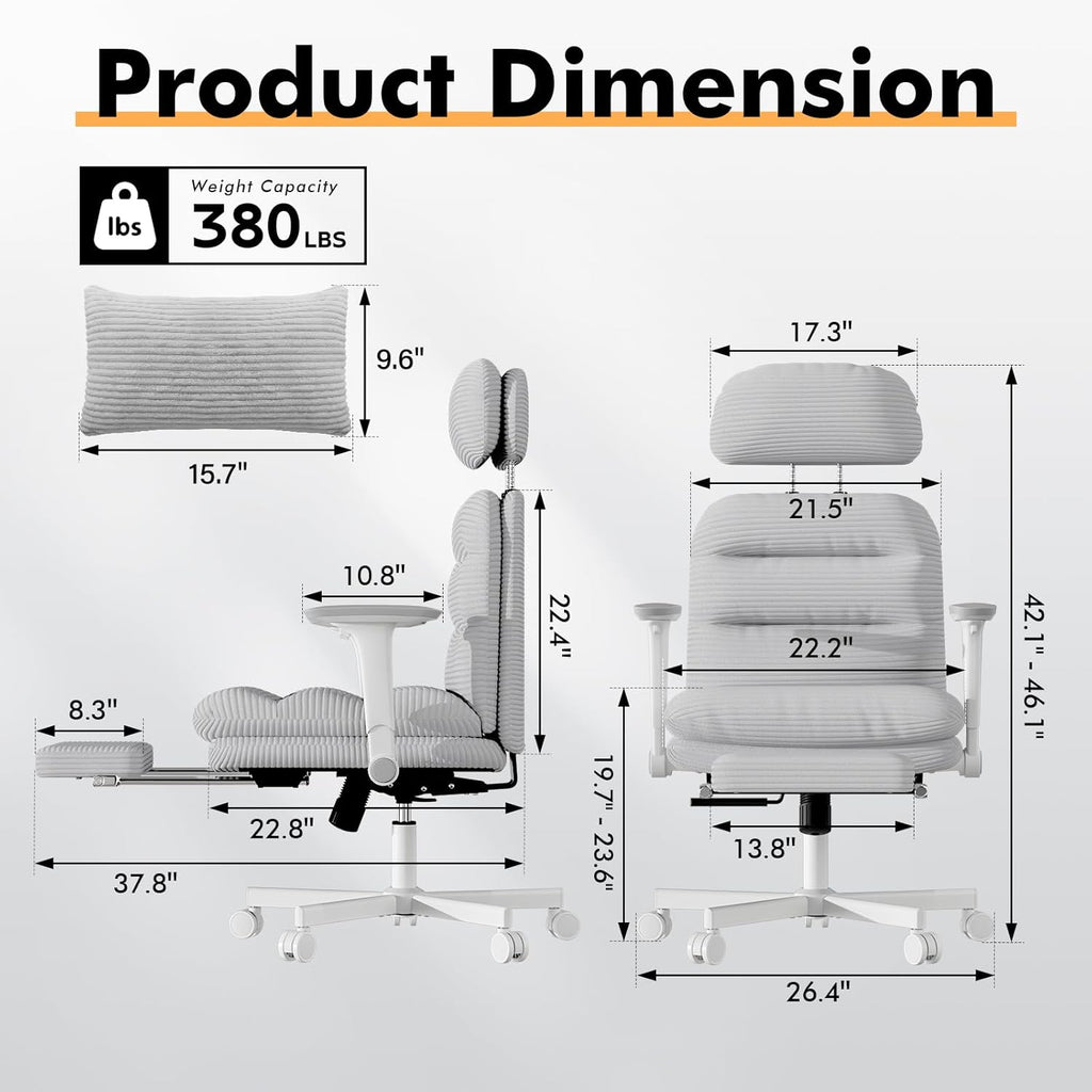 GXJ Criss Cross Chair with Flip-up Arms, Executive Office Chair with Foot Rest, Cross Legged Office Chair G800 Plus, Extra Lumbar Pillow, Corduroy Comfy Computer Desk Chair for Home, Grey
