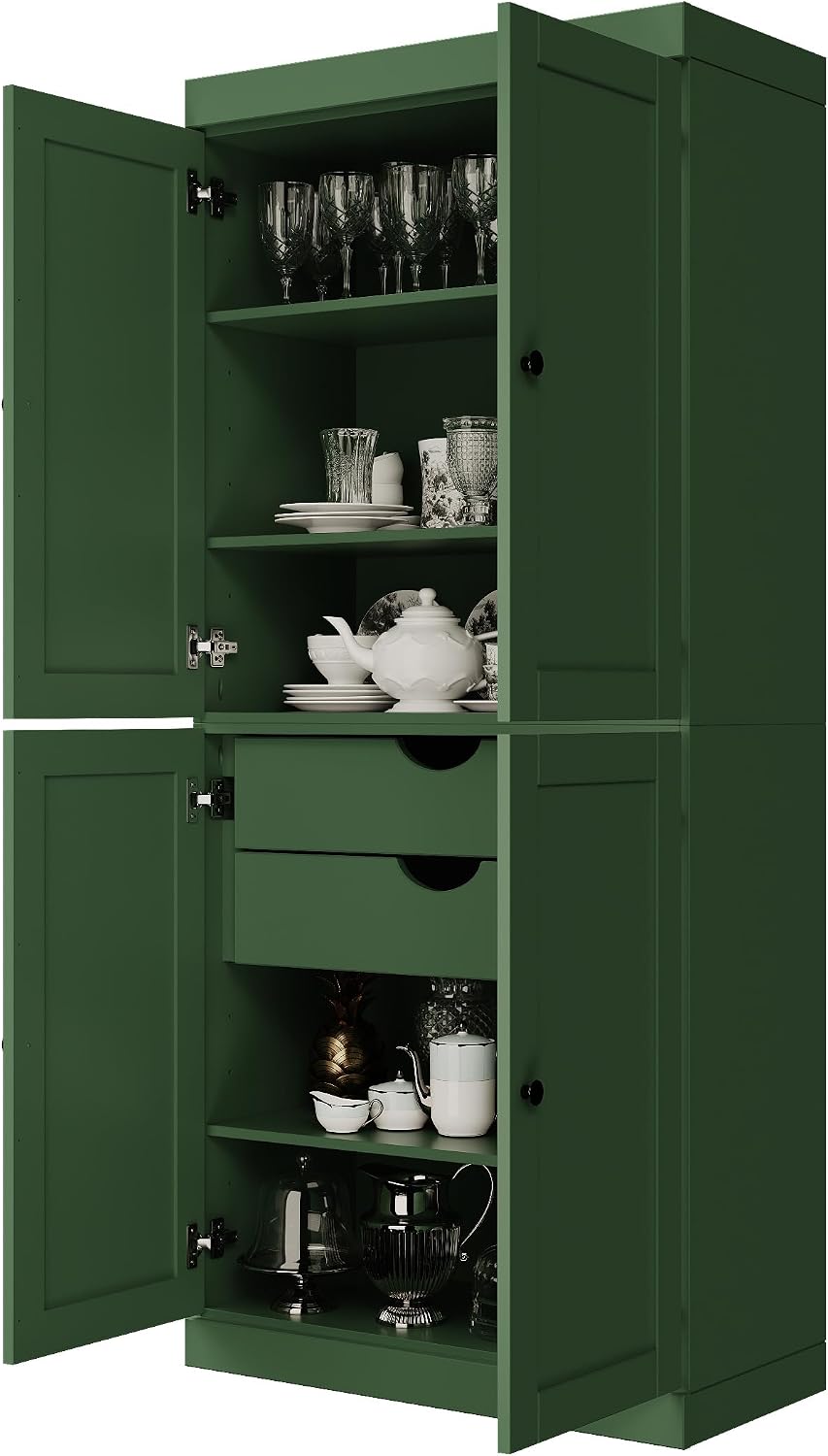 Palace Imports Solid Wood Kitchen Pantry Cabinet - 71.5" Tall x 32" Wide - Wooden Storage Cabinet w/ 4 Shaker Doors, 2 Drawers, 4 Adjustable Shelves - Green, 100% Eco-Friendly Wood, Made in Brazil