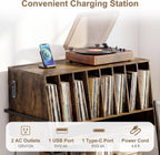 Giantex Large Record Player Stand with Charging Station, Turntable Stand with Storage Shelves & Wheels, Record Storage Table with Adjustable Foot Pads for Living Room, Music Room (Rustic Brown)