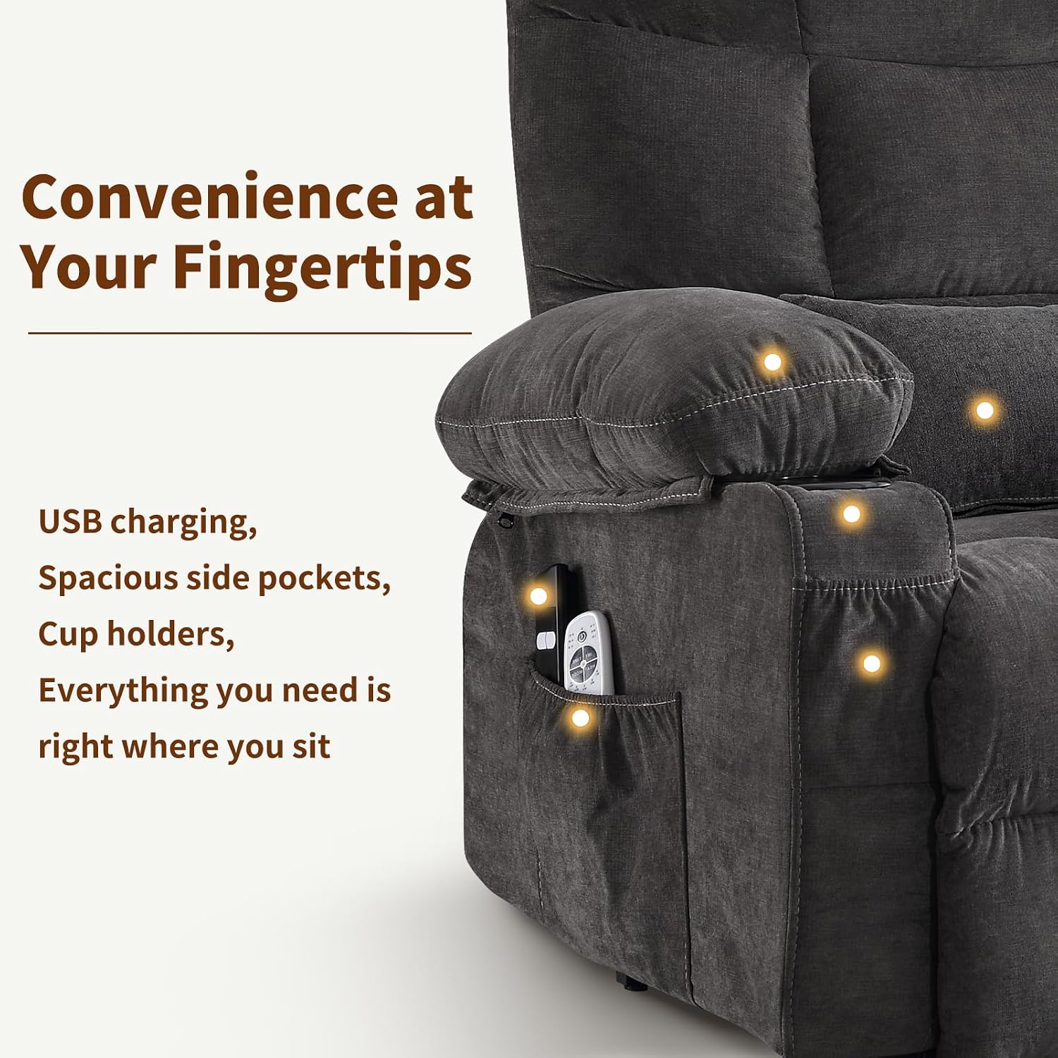 Power Lift Recliner Chair for Elderly with Massage and Heat, Comfortable Electric Power Reclining Chair with Side Pockets,2 Cup Holders and USB Charging Port for Living Room (Grey)