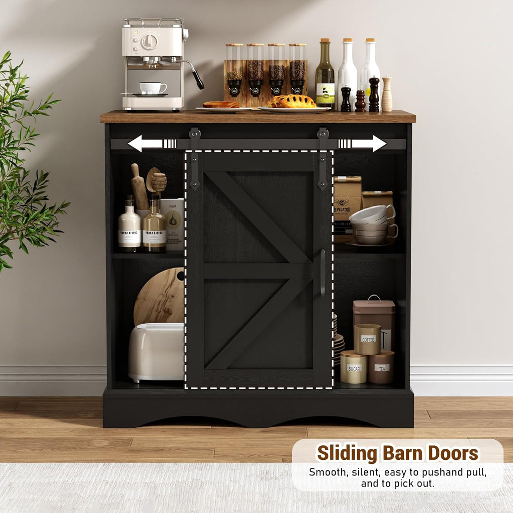 HOMFAMILIA 31.5" H Farmhouse Coffee Bar Cabinet w/Storage, White Kitchen Coffee Station with Sliding Barn Door, Rustic Buffet Cabinet with Adjustable Shelves, for Kitchen, Living Room, Black