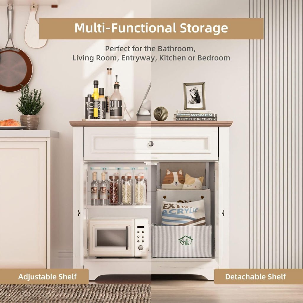 Buffet Cabinet with Storage and Drawer，Sideboard Coffee Bar with Adjustable Shelves and Doors, White Accent Cabinet Credenza Console Organizer Modern Coffee Bar for Kitchen Dining Room Living Room
