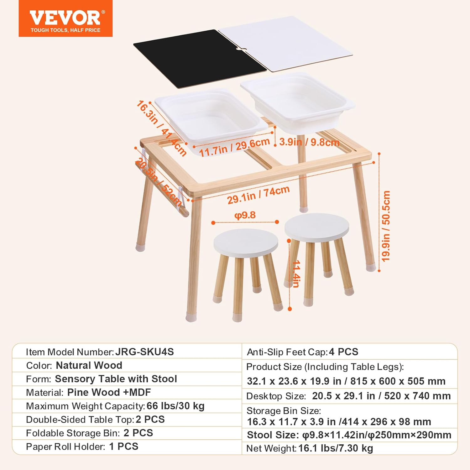 VEVOR Sensory Table and Chairs Set, Toddlers Activity Table with 2 Stools, 2 Storage Bins & Paper Roll Holder, Indoor/Outdoor Play Sand and Water Table, Wooden Kids Sensory Table - Gift for Boys Girls