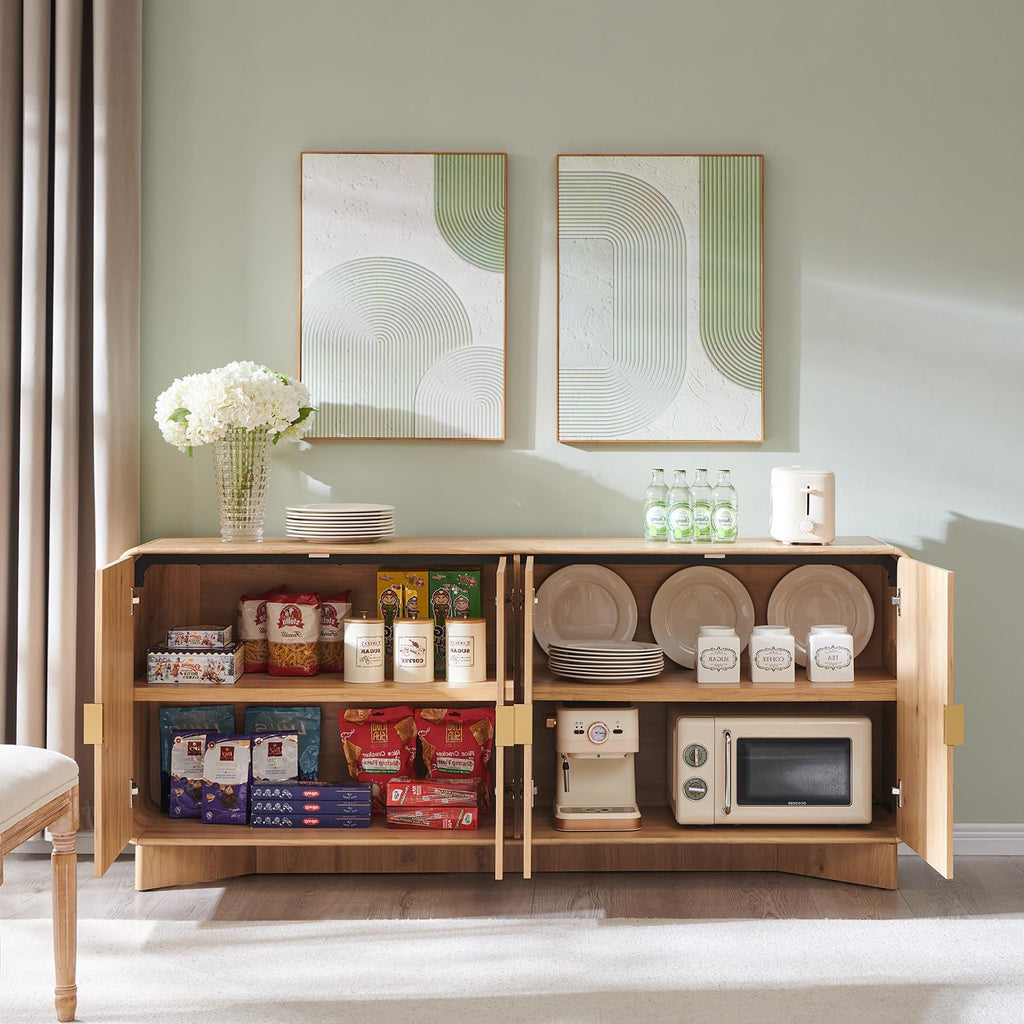 IFGET Modern Buffet Cabinet with Storage, 70" Large Sideboard Buffet Storage Cabinet with 4 Doors and Adjustable Shleves, Wooden Curved Coffee Bar for Dining Room, Kitchen, Living Room, Natural Oak