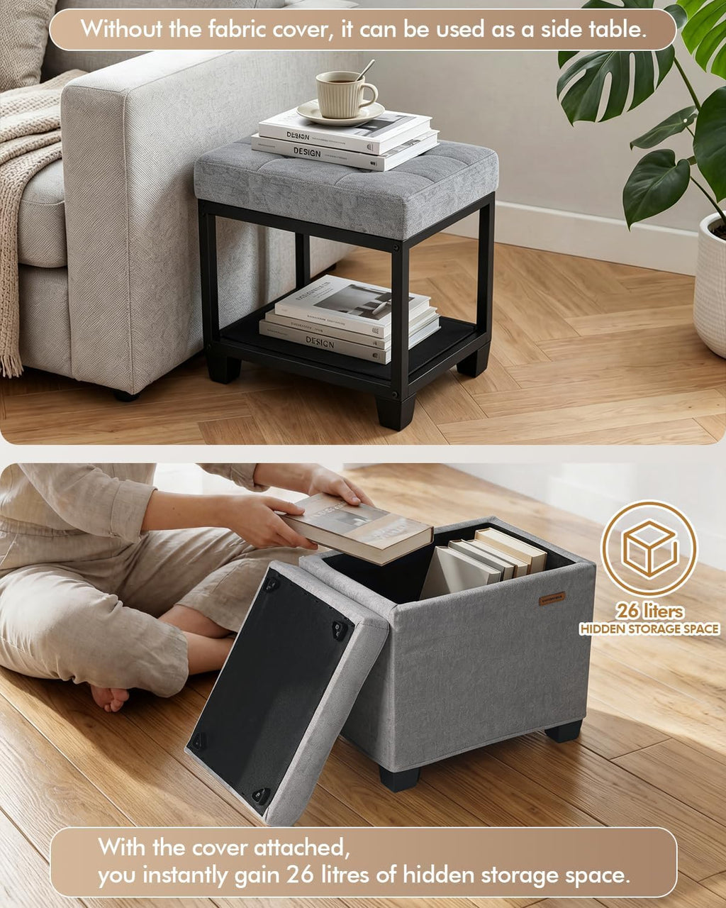 ABHENG Chenille Metal Framed Storage Ottoman,12.2" D x 16.1" W x 17.7" H Tufted Upholstered Ottoman with Storage,Foot Rest Stool with Legs,Holds 770 LB for Dorm Living Room Bedroom Gray UASND70G
