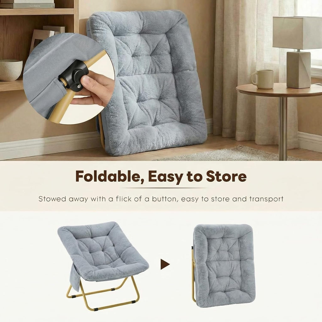 Folding Saucer Chair, Comfy Reading Chair with Soft Thick Padded Seat | Plush Faux Fur Lounge Chair for Small Space, Bedroom, Dorm, Living Room, X-Large Lazy Chair for Adults Teens Kids