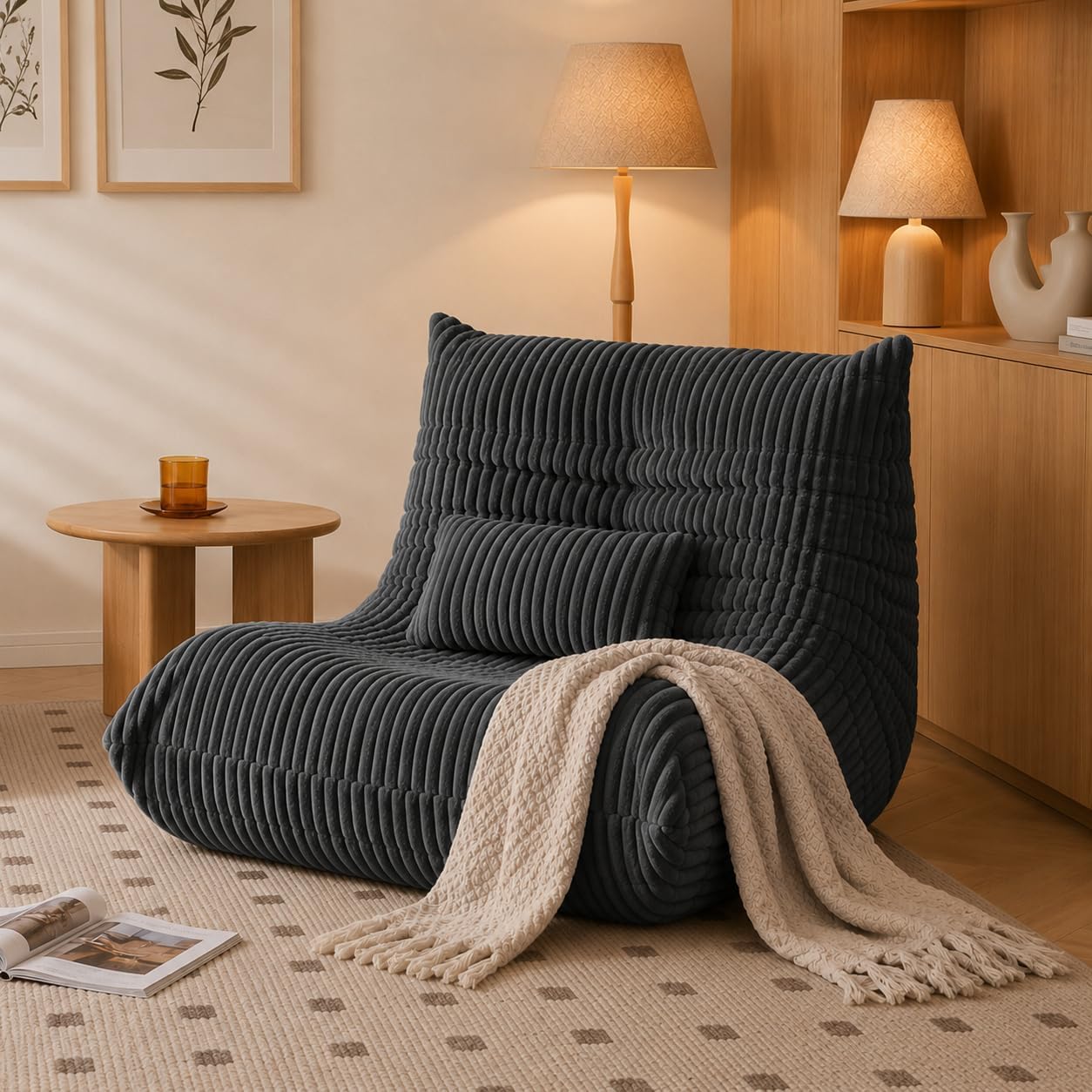 Bean Bag Chair with Lumbar Pillow, Gaint Bean Bag Chairs for Adults, Oversized Corduroy Beanbag Chair with Memory Foam Filled, Lazy Floor Sofa for Reading Gaming Living Room Bedroom (Grey)