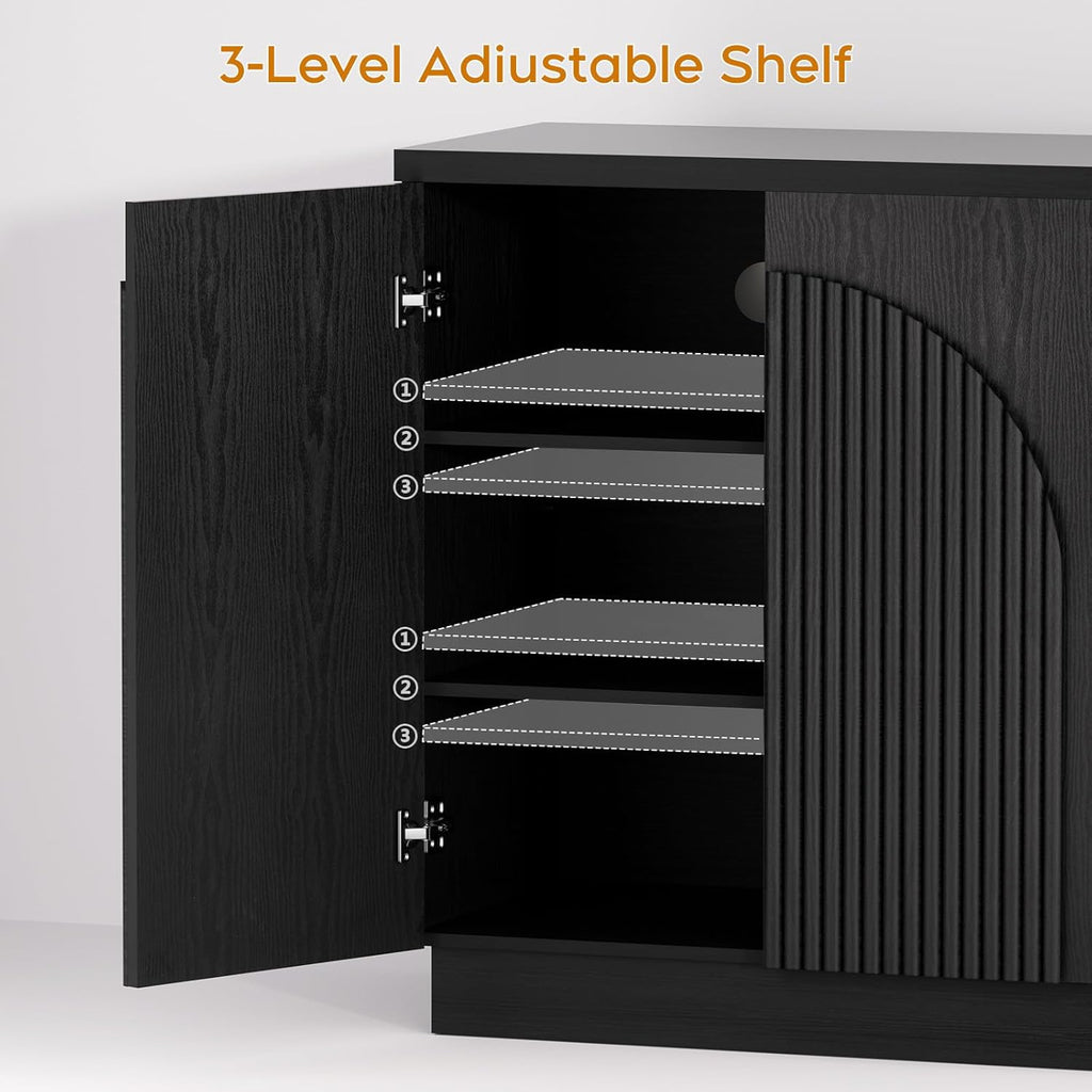 Yechen 55" Black Fluted Sideboard Buffet Cabinet with Arched Reeded Doors, Modern Mid Century Credenza Accent Storage Cabinet with Adjustable Shelves for Living, Kitchen, Entryway