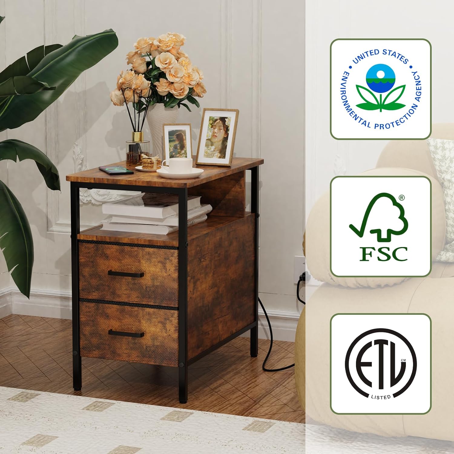 End Table with Charging Station, Narrow Side Table with 2 Fabric Drawers & Storage Shelf, USB Ports & Power Outlets, Nightstand for Bedroom, Living Room and Small Spaces, Rustic Brown