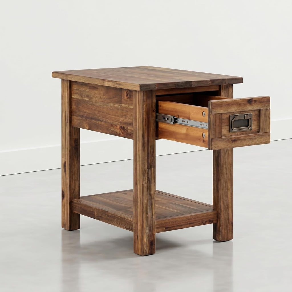 SIMPLIHOME Monroe Narrow Side Table – 14 inch Wide Solid Acacia Wood Narrow End Table in Warm Acorn Brown, Contemporary Accent Table for Living Room with Drawer and Shelf
