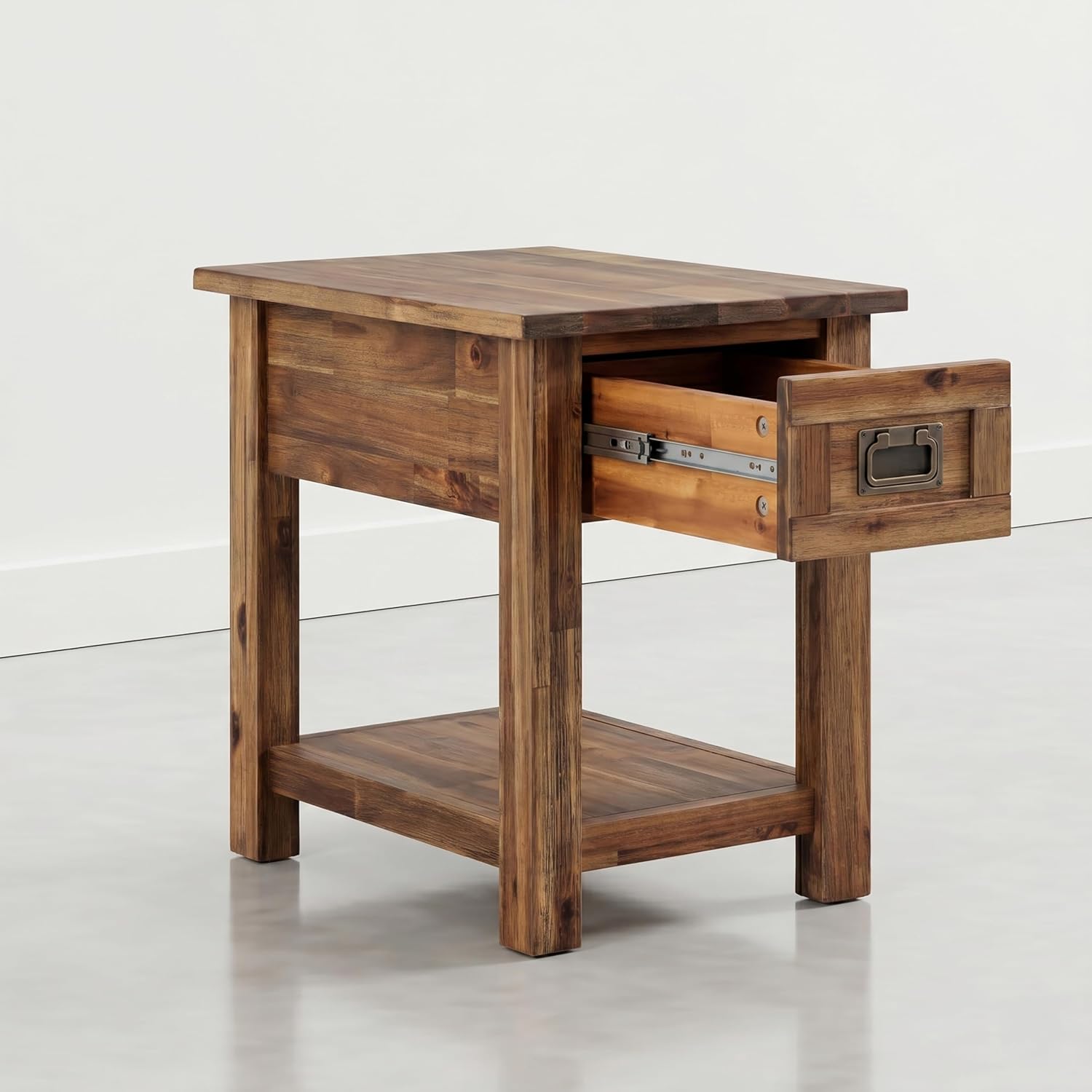 SIMPLIHOME Monroe Narrow Side Table – 14 inch Wide Solid Acacia Wood Narrow End Table in Warm Acorn Brown, Contemporary Accent Table for Living Room with Drawer and Shelf