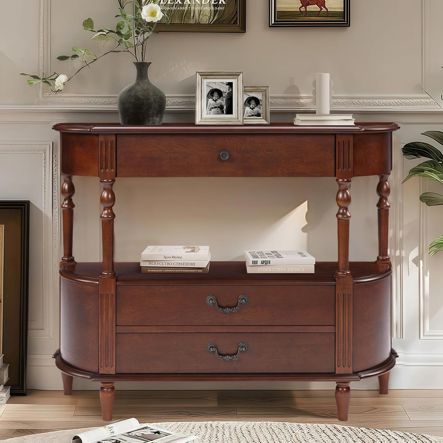 LKTART 43" Half Moon Console Table, Solid Wood Retro Curved Console Table Entryway Table Sofa Table with Solid Pine Roman Legs 3 Drawers 1 Open Shelf for Living Room,Foyer,Hallway(Cherry)