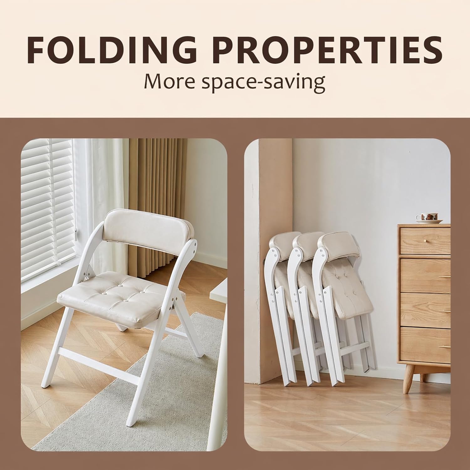 Wood Folding Chairs Set of 2, Upholstered Foldable Dining Chairs with Padded Seat and Backrest, Portable Accent Chairs for Kitchen, Dining Room, Apartment, Office, Guest Seating, White