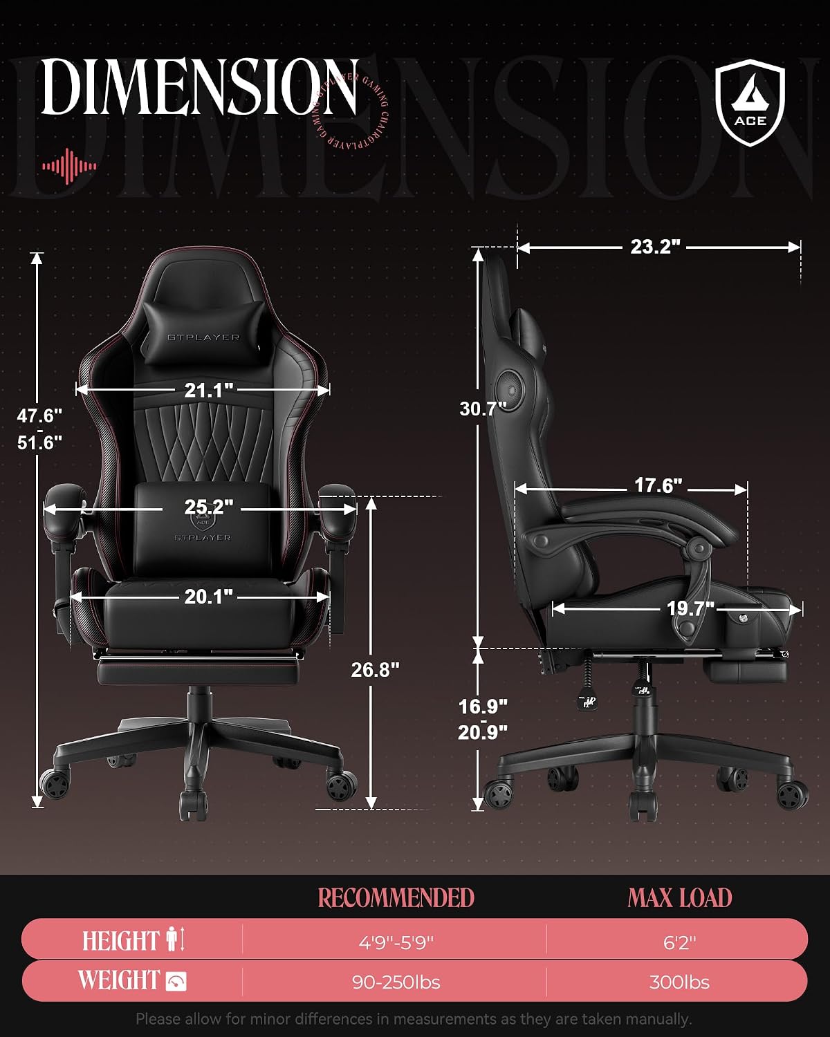 GTPLAYER ACE-PRO Music Gaming Chairs – Built-in Speakers, App Support & Bluetooth Control, Computer Game Chairs with Footrest for Adults, Ergonomic, Reclining, Linkage Armrest, BK‑RD Stitch