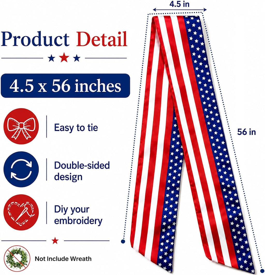 Patriotic Wreath Sash for Front Door, 4.5 x 56 Inch Red White and Blue Stripe Patriotic Wreath Satin Sash for 4th of July Memorial Day Independence Day Porch Decor