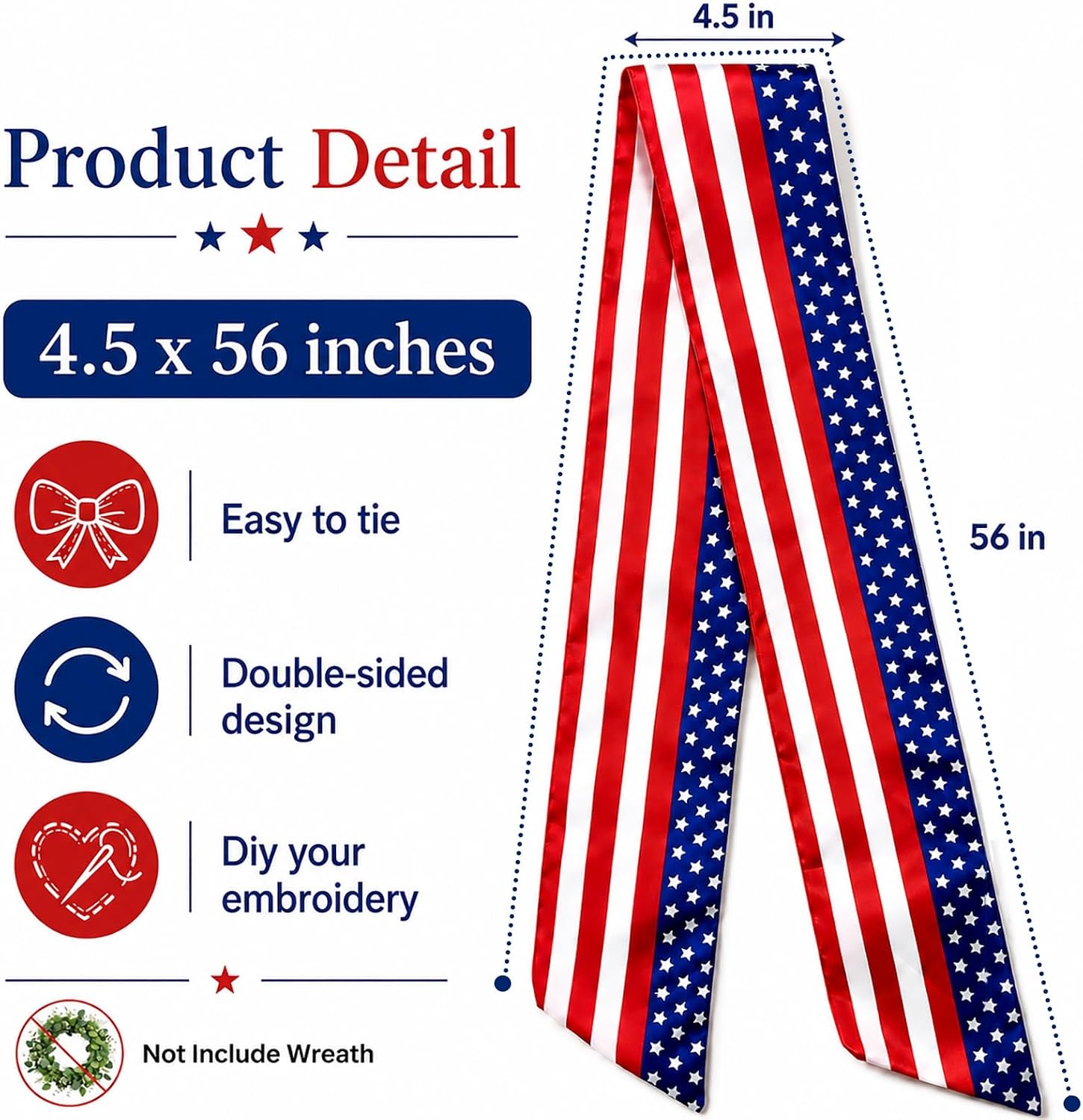 Patriotic Wreath Sash for Front Door, 4.5 x 56 Inch Red White and Blue Stripe Patriotic Wreath Satin Sash for 4th of July Memorial Day Independence Day Porch Decor