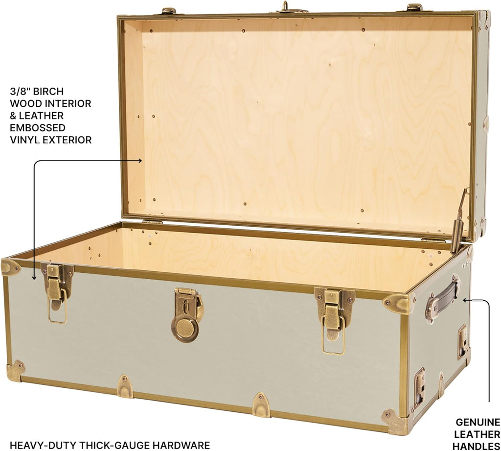 Rhino Trunk & Case Lux Faux Leather Trunk – Large 32"x18"x14" Storage Box, Coffee Table, End of Bed Chest, Entryway Storage Bench – USA-Made – Strong & Secure for Camp & Dorm – Antique Brass Hardware
