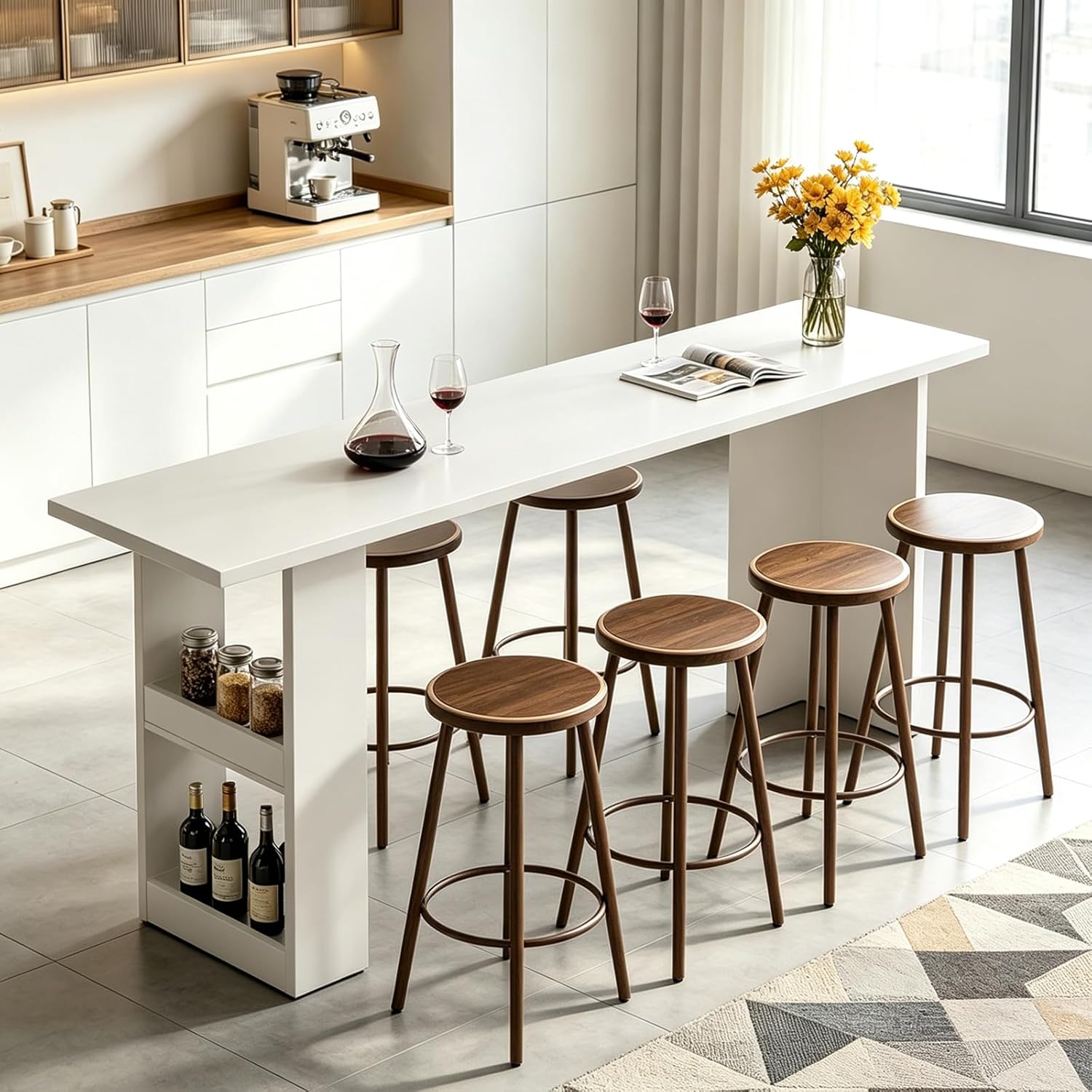 Solid Wood Bar Table with Storage Shelf, 1" Thick Counter Height Pub Table, T-Shaped Stable Legs, Narrow Long Bar Table for Kitchen, Dining, Living Room etc.